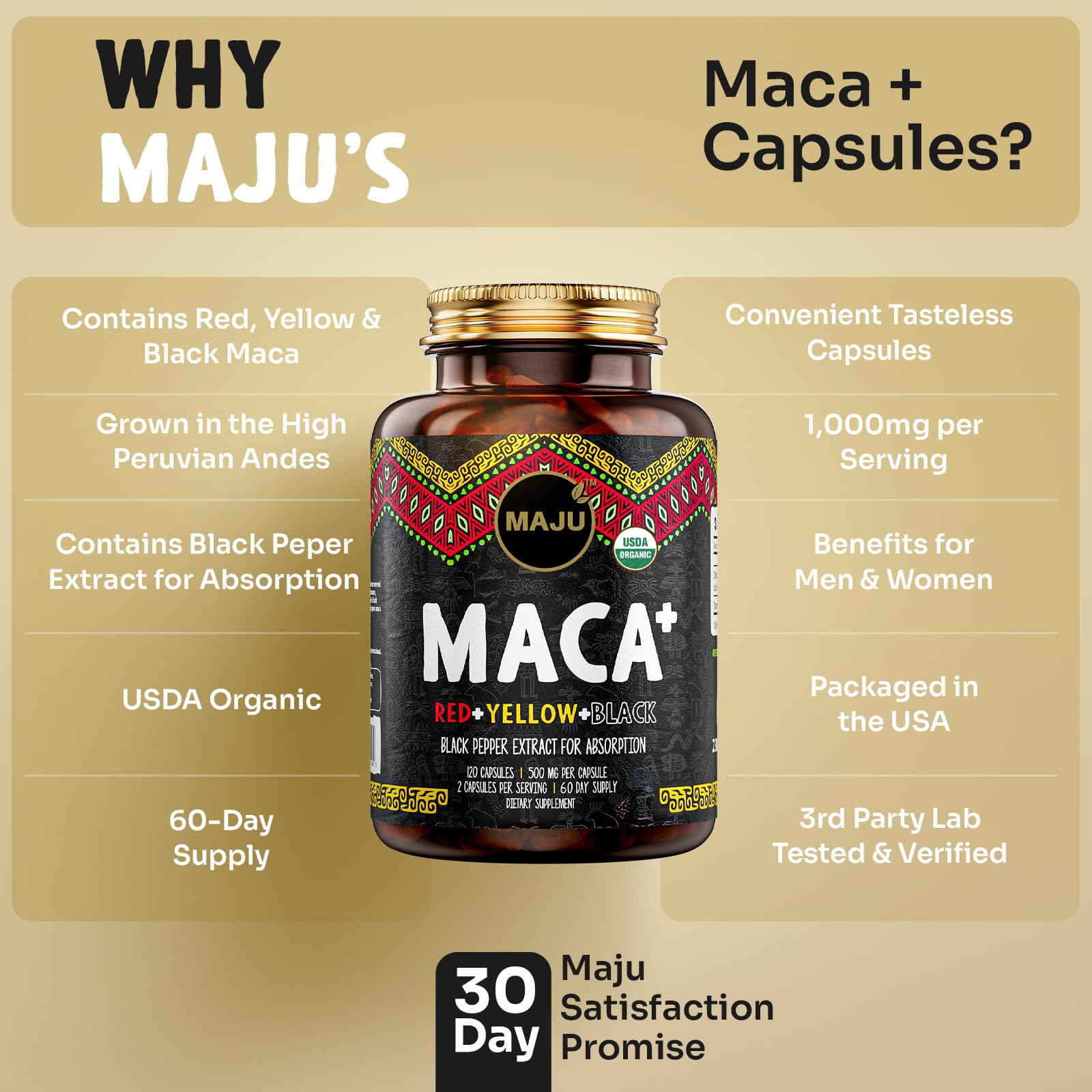 Maju Superfoods 4-in-1 Maca Root Capsules, Organic Black, Yellow & Red Roots w Black Pepper Extract for Absorption (120 ct) | Peru Product, Peruvian Powder, Men & Women Supplement, 60,000 mg — Amazon image 5