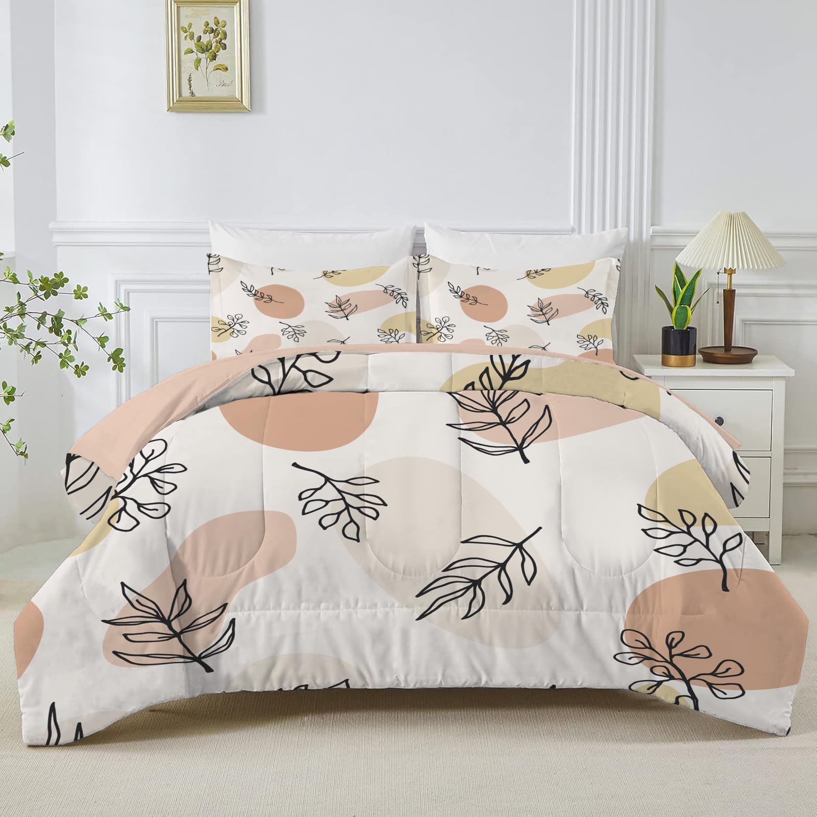 Linfye Modern Beige King Size Duvet, Reversible Coverless Branch Plants Duvet King Size, Anti Allergy Bed Quilt King 7.5 Tog for All Seasons - 1 Soft Comforter Bedding with 2 Pillowcases - B22