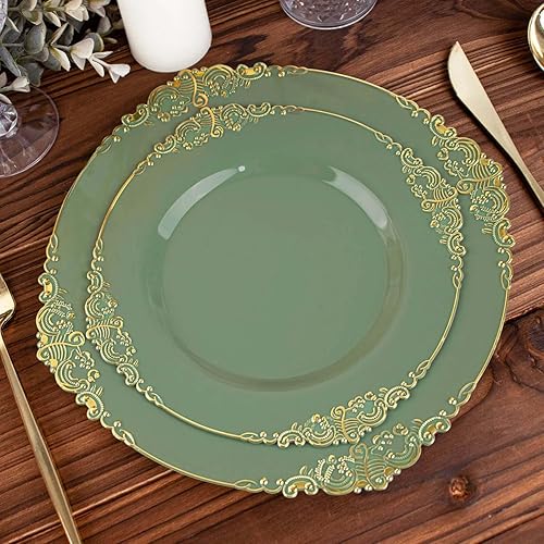 Miniatura 261 de Efavormart - Paquete de 10 platos llanos redondos de plástico de 10 pulgadas en verde salvia vintage, platos desechables barrocos en relieve