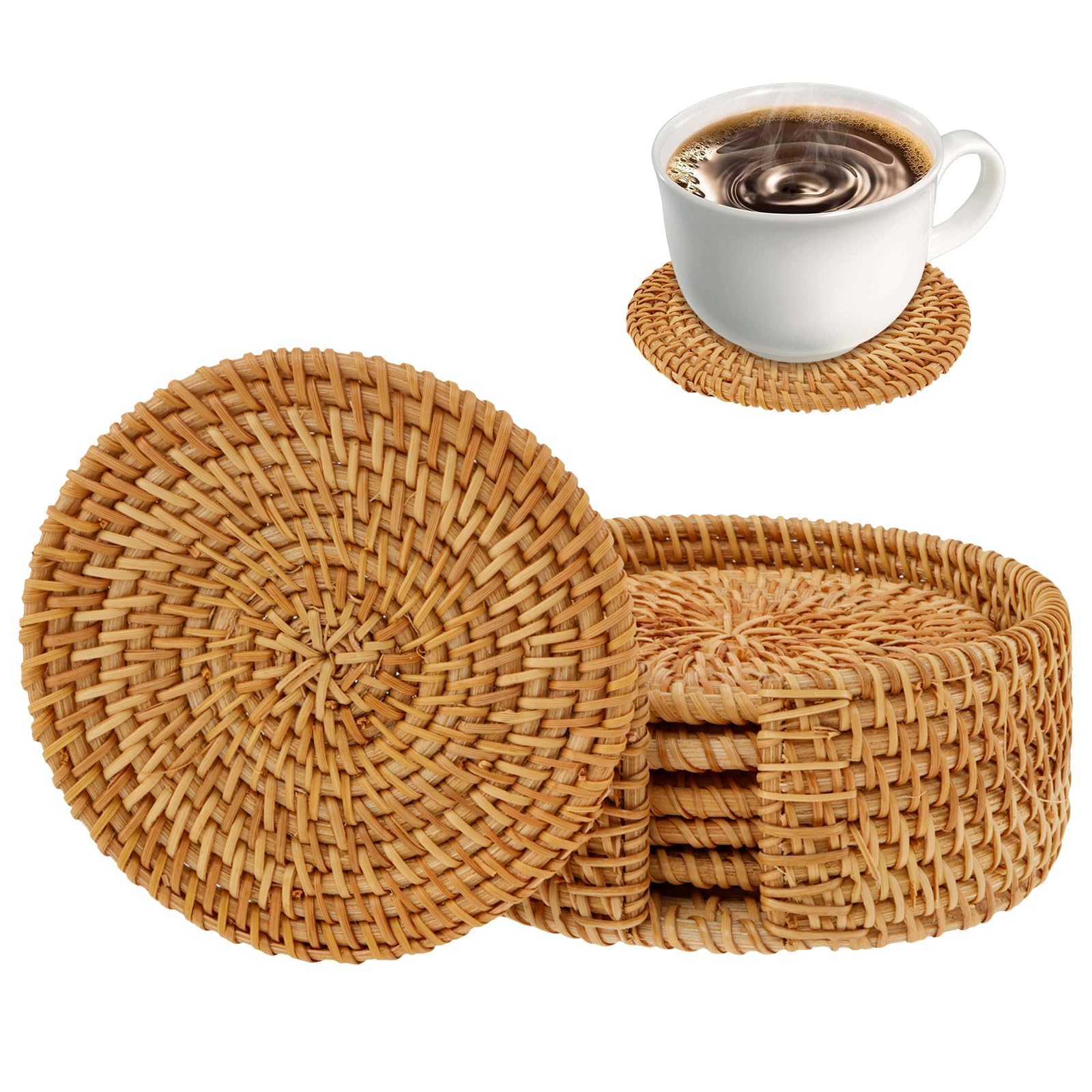 Haijed Brown 6 Pcs Round Rattan Coasters, Round Cup Placemats With Storage Base, Heat Resistant Round Straw Trivet Exquisite Wicker Coasters Set, Handmade Woven Coasters For Teacups(10Cm)