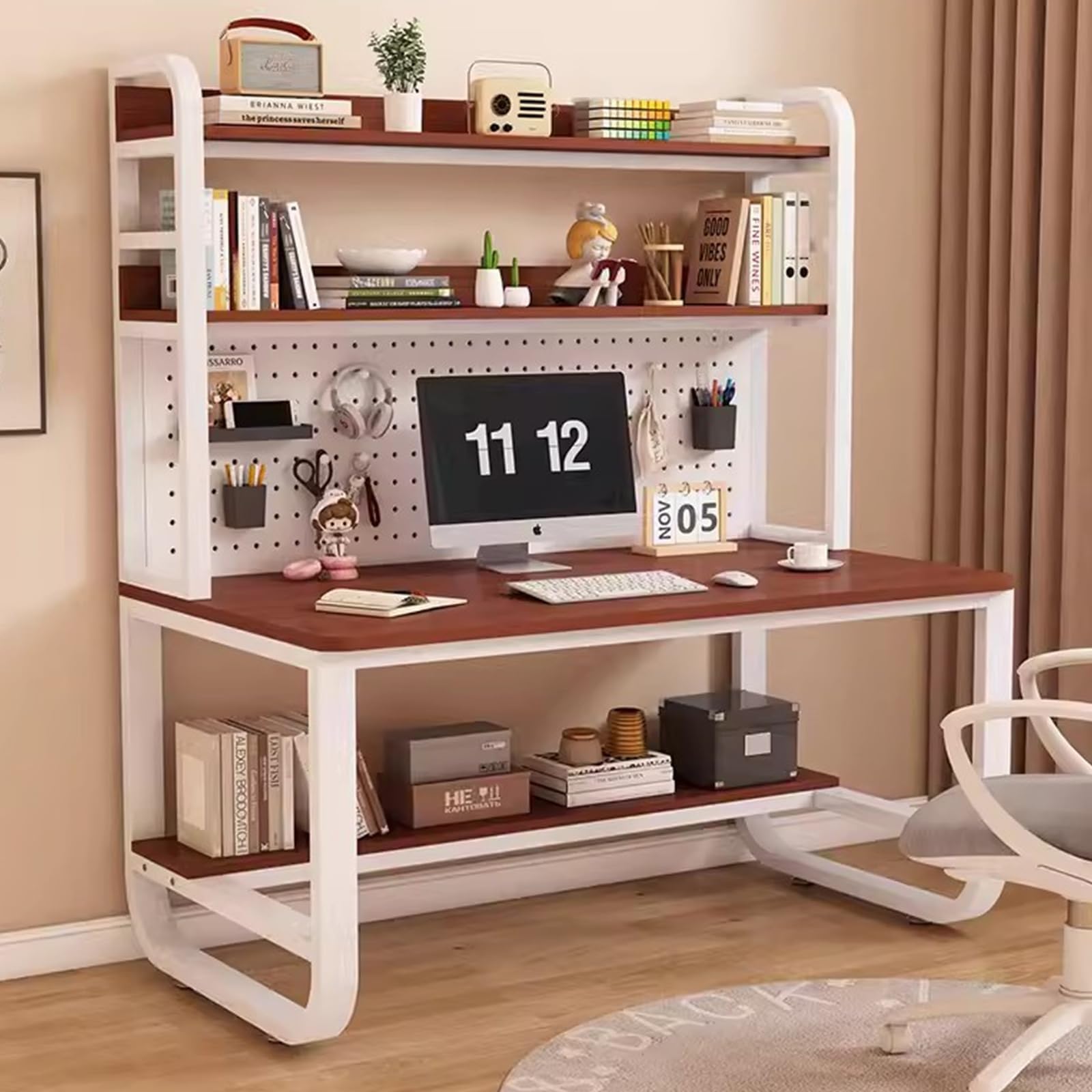 Large Pc Table Computer Desk With Shelves - Home Office Computer Desk With Hutch, Gaming Desk With Pegboard, Study Writing Table Workstation For Home Office, Metal Frame Storage Rack