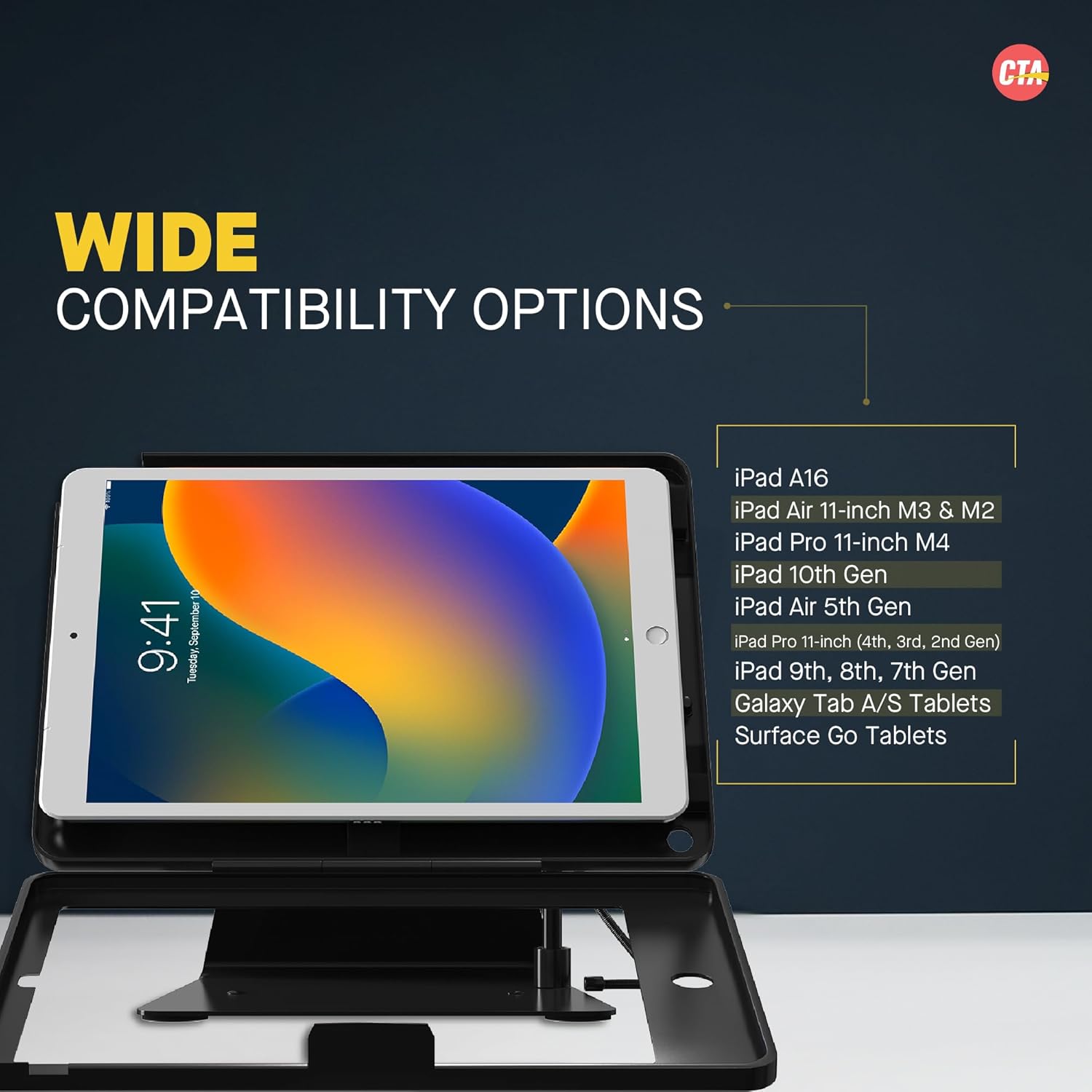 CTA Digital Desktop Anti-Theft Stand – Kiosk Stand with Stylus, Tether, and Aluminum Enclosure for iPad 11th Gen A16 11” - 10th Gen 10.9” - Air 4th & 5th Gen - 11” Pro & More - Black (PAD-DASB109)