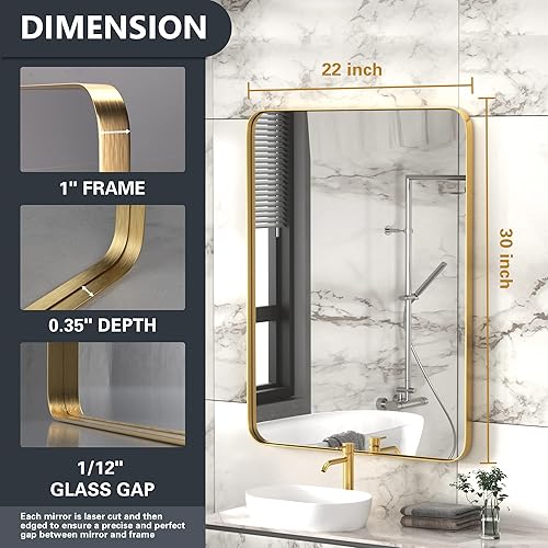 Miniatura 3 de Espejo de baño dorado cepillado de 22 x 30 pulgadas para pared, espejo de baño con marco de acero inoxidable 304, espejo rectangular de granja de