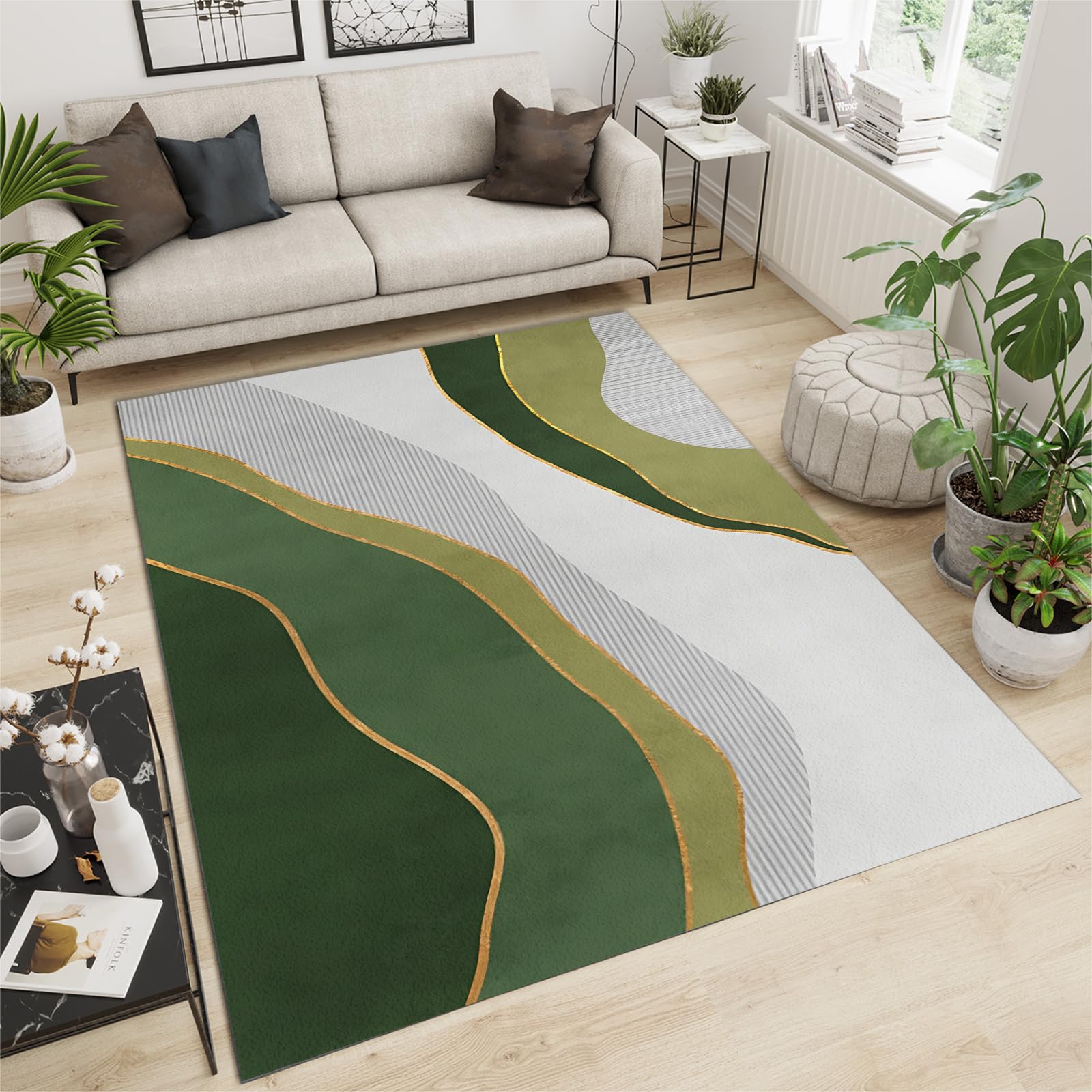 3D geschwungene Wellenlinien Grün Smaragd Türkis Bereich Teppich Weich & Leicht zu Reinigen Teppich für Schlafzimmer, Büro, Familie & Haustiere - 140 x 200 cm Abstraktes Design