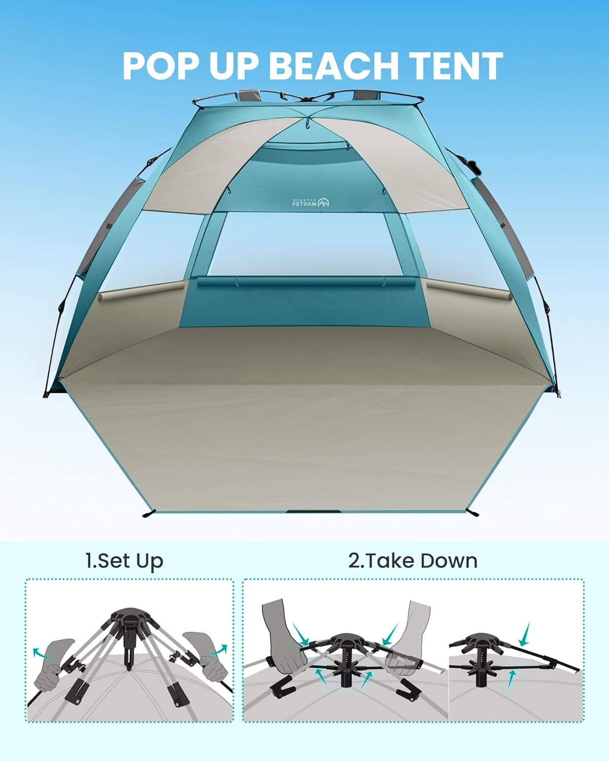 OutdoorMaster Beach Tent Sun Shelter for 3-4 Person, Pop Up Beach Tent Easy Setup with Sandbags, Portable Sun Shade Canopy with Carrying Bag for Beach & Outdoor, UPF50+ UV Protection, Family Size