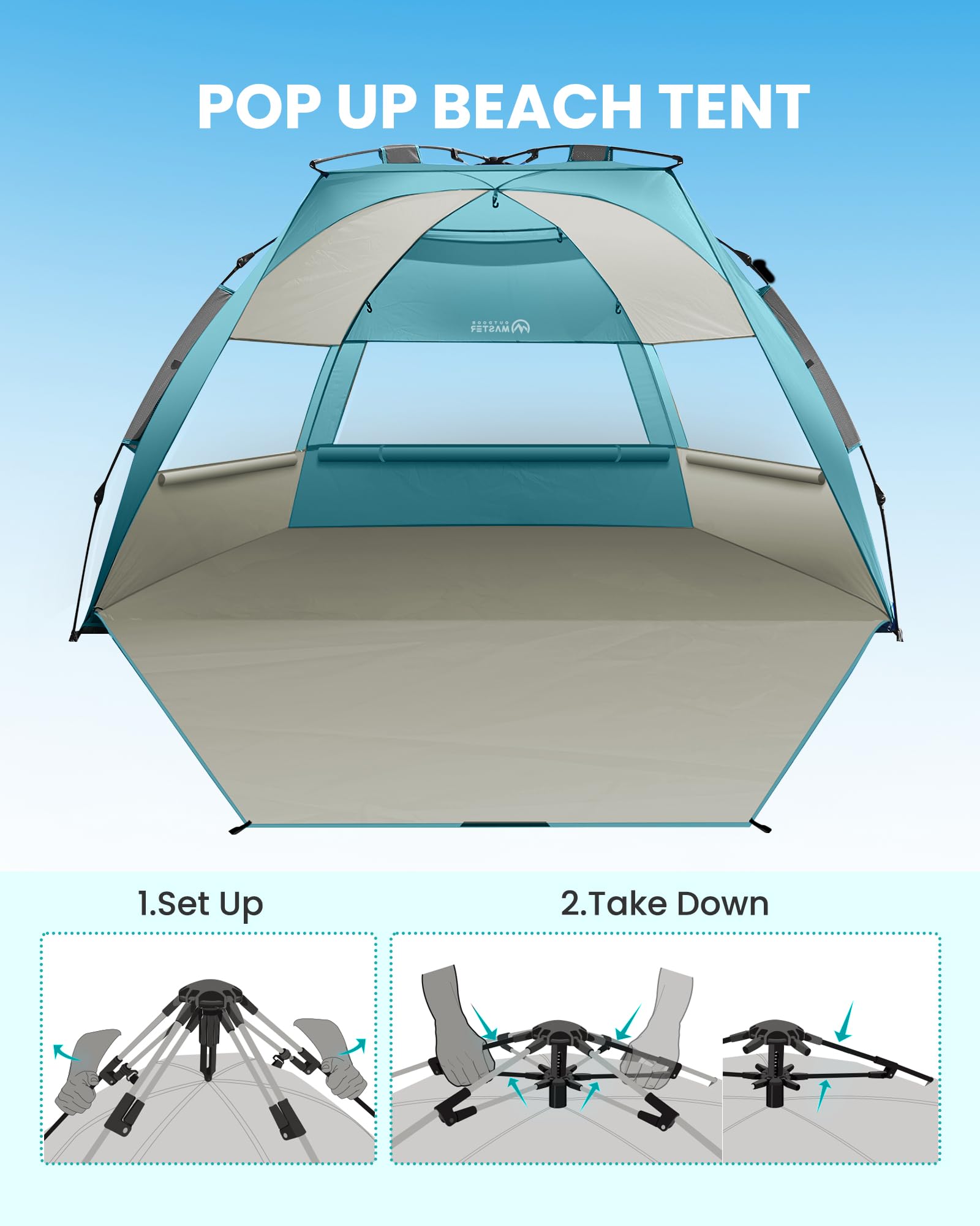 OutdoorMaster Tente de Plage Pop-up pour 3 à 4 Personnes XL – Installation Facile, auvent de Plage Pliable avec Protection UV UPF 50+, Lucarne de Toit Amovible, Taille familiale