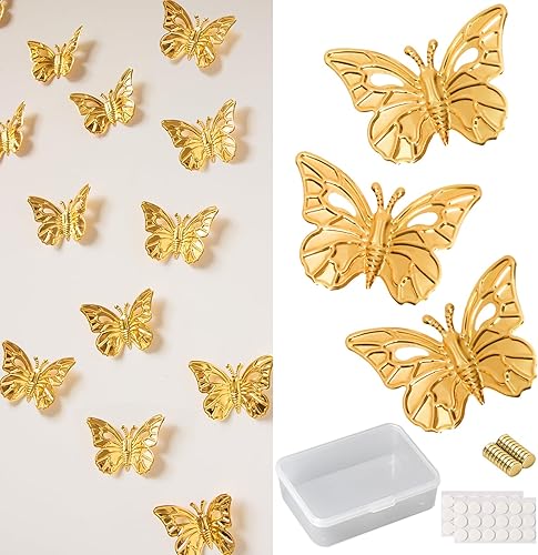 BYBOUS Decoración de pared de mariposa 3D, 36 piezas de decoración de mariposa de metal, imanes extraíbles para refrigerador, calcomanías de pared