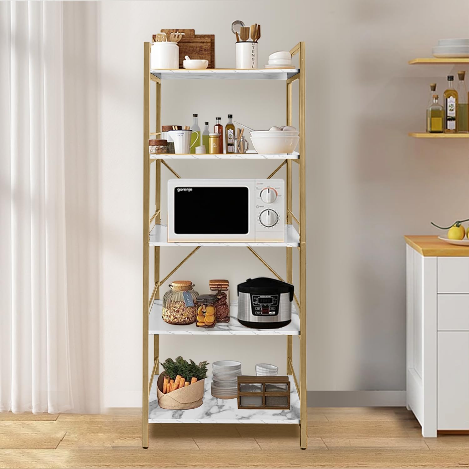 AT-VALY 5-Tier Bakers Rack with Storage Shelf,Free Standing Kitchen Storage Shelf Rack 23.6 L x 15.7 W x 62.6 H (Gold)