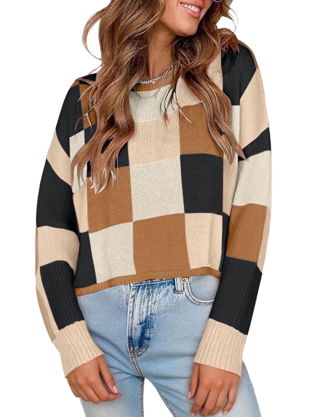 CHARTOU Cute Plaid Sweaters for Women Fall Crop Color Block Tops Checkered Loose Knit Pullovers Outwear