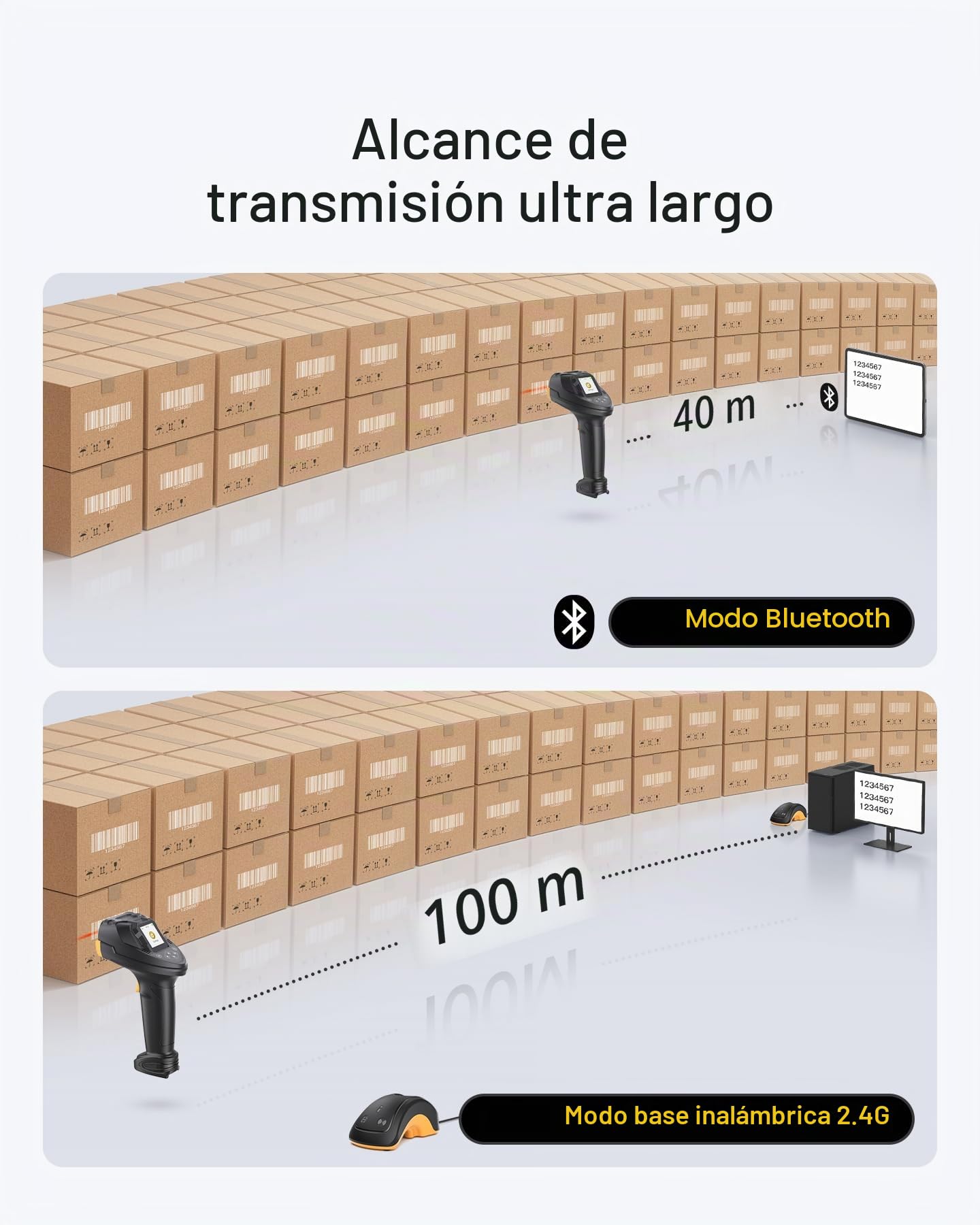 Inateck Escáner de Códigos de Barras Inalámbrico 2D con Pantalla, Doble Sensor CMOS CCD para Códigos Largos y Borrosos, Lector QR Bluetooth con Base de Carga, Teclado de Configuración, Soporta App SDK