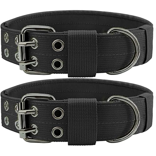 Heavy Duty Dog Collar for Large Dogs, 2 PCS Tactical Dog Collars with Metal Buckle & D Ring, 1.5" Width Thick Adjustable Nylon Collar for Medium Dogs, Black/M