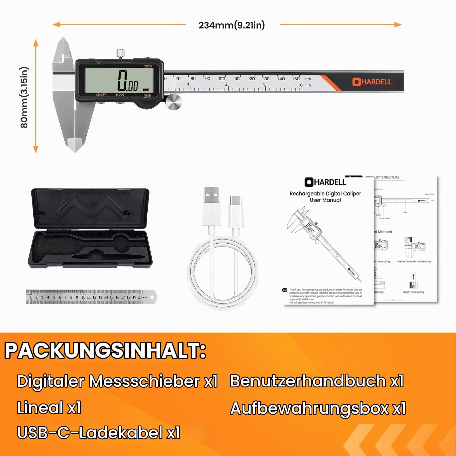 HARDELL Digitaler Messschieber 150 mm wiederaufladbar, LCD Display mit Reset-Funktion, Edelstahl, mm/Zoll/Bruch umschaltbar, Auto-Off, für Heimwerker, Hausgebrauch & 3D-Druck
