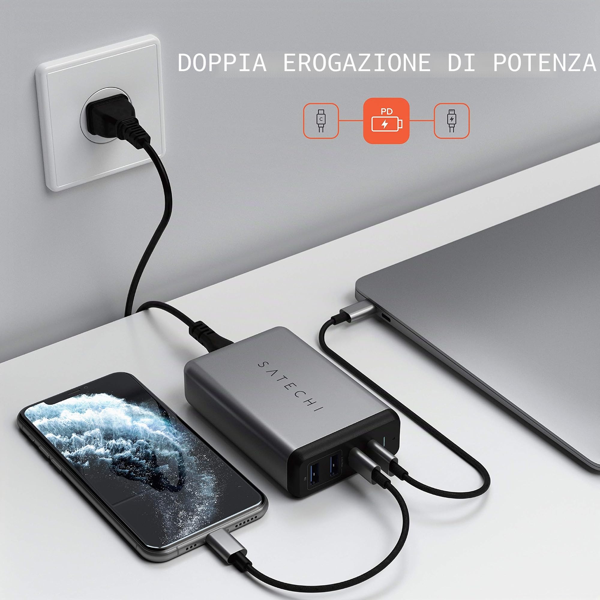 SATECHI Caricatore Adattatore da Viaggio Doppio Type C PD 75W con 2 USB C PD e 2 USB 3.0 - Compatibile con MacBook Pro 2020/2019, MacBook Air 2020, iPad Pro/Air M1, iPhone 14 Pro Max/14 Pro/14/14 Plus