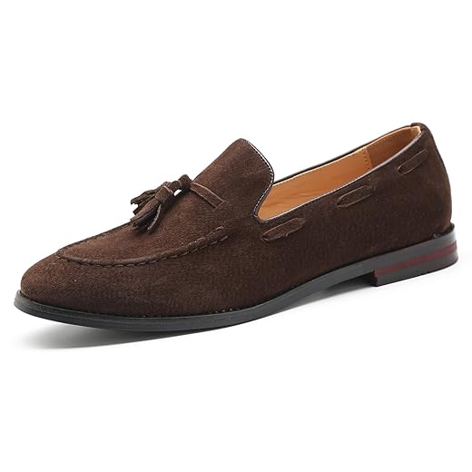 Santimon Mocassins masculinos modernos casuais com borla, sem cadarço, sem cadarço, camurça, preto, marrom, caramelo