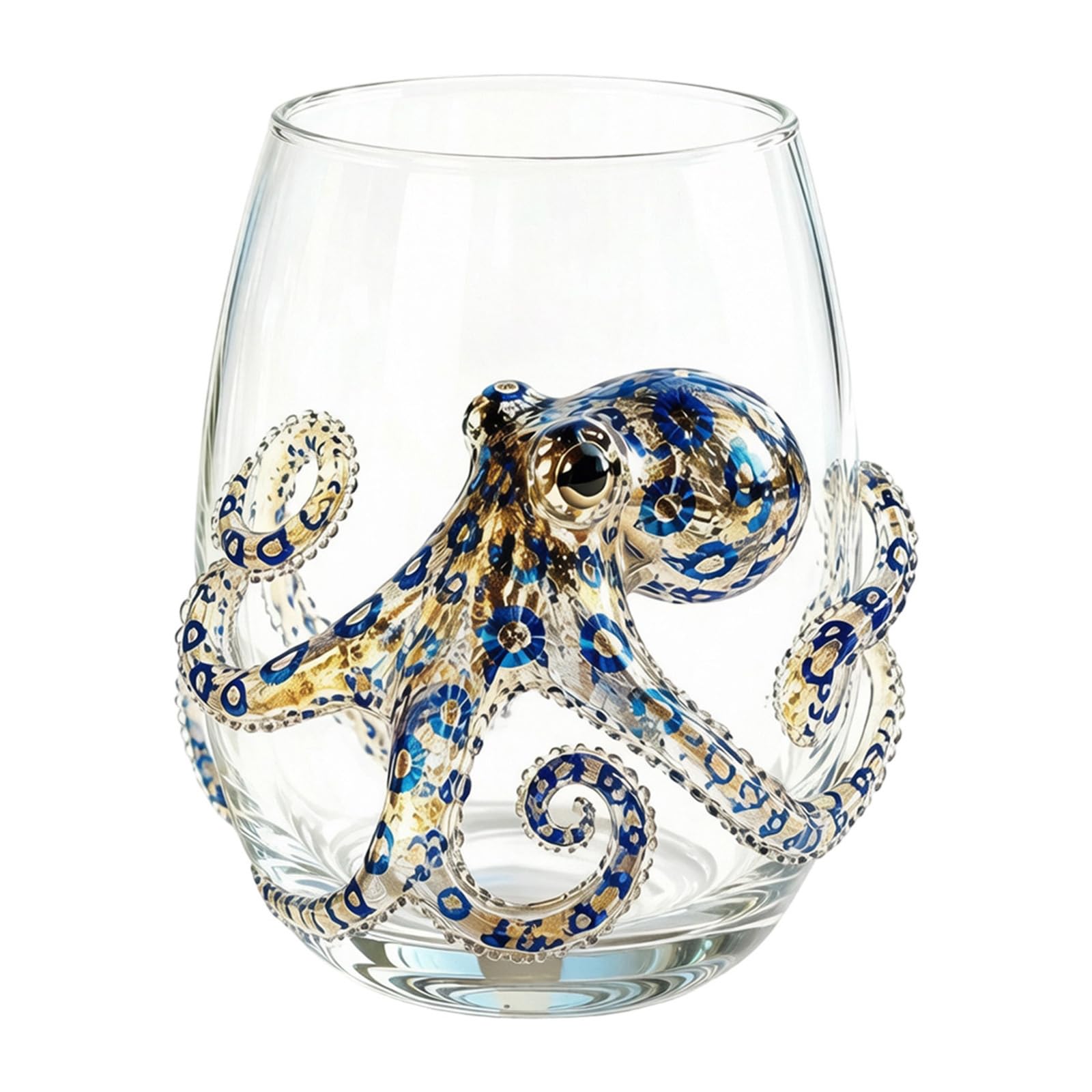 Artisanal Blue Ringed Octopus Glassware, Ocean Octopus Drinking Glass Barware, Handmade Nautical Cocktail Cup, Marine Animal Inspired Ocean Decor for Home Bar Gift