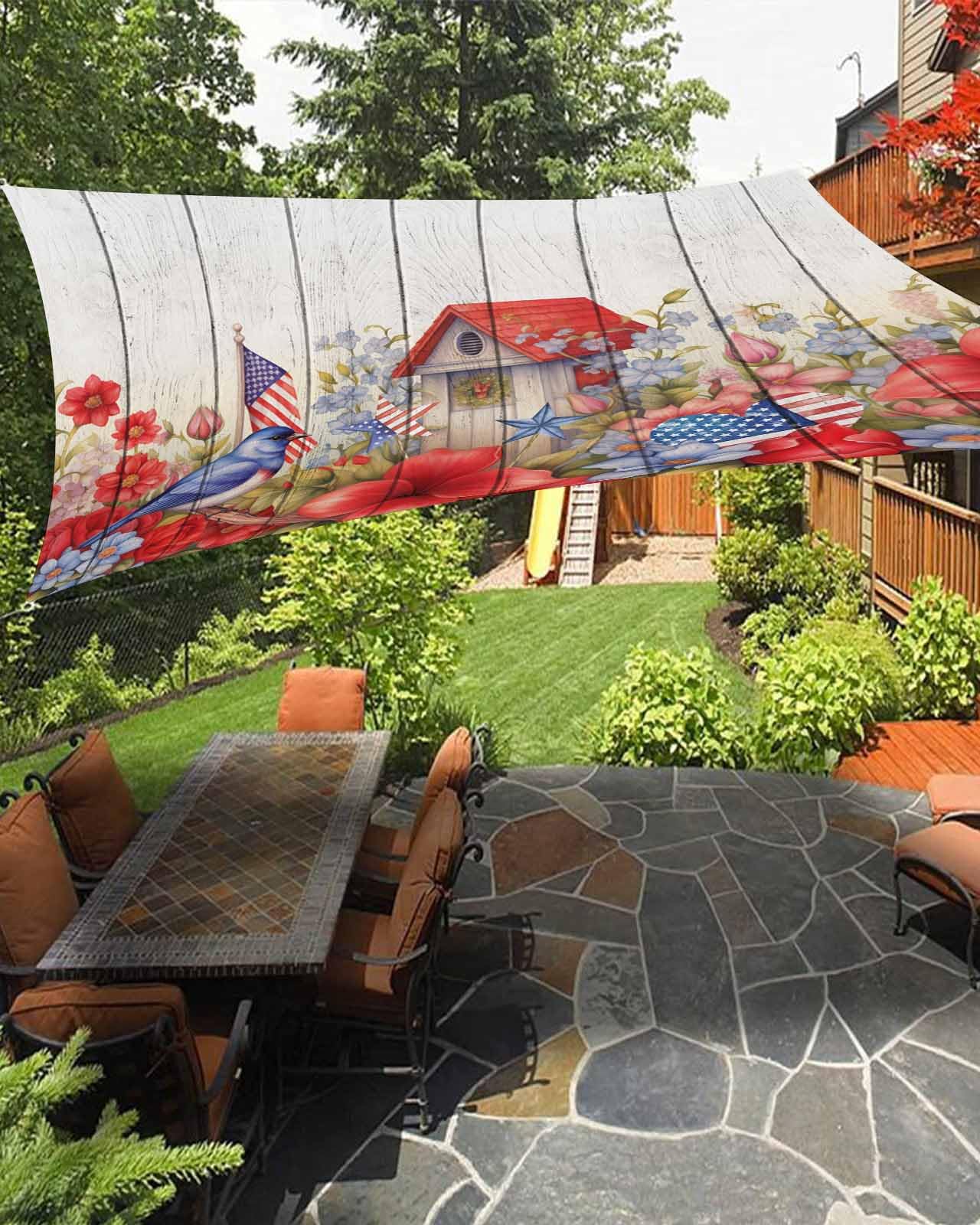 Waterproof Sun Shade Sail American Flag Watercolor Floral Pentagram Birdhouse Wood Grain Outdoor Patio Sun Shades Canopy UV Block Water Resistant Sunshade for Garden Backyard Deck Pergola 12x16 Ft