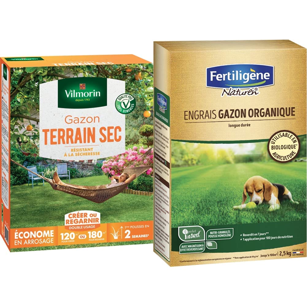 VILMORIN - Gazon Terrain Sec - Résistant à la sécheresse - Économe en arrosage - Premières pousses visibles dès 2 semaines - Vert, 3 kg & NATUREN Engrais Gazon Organique 100m² 2,5kg