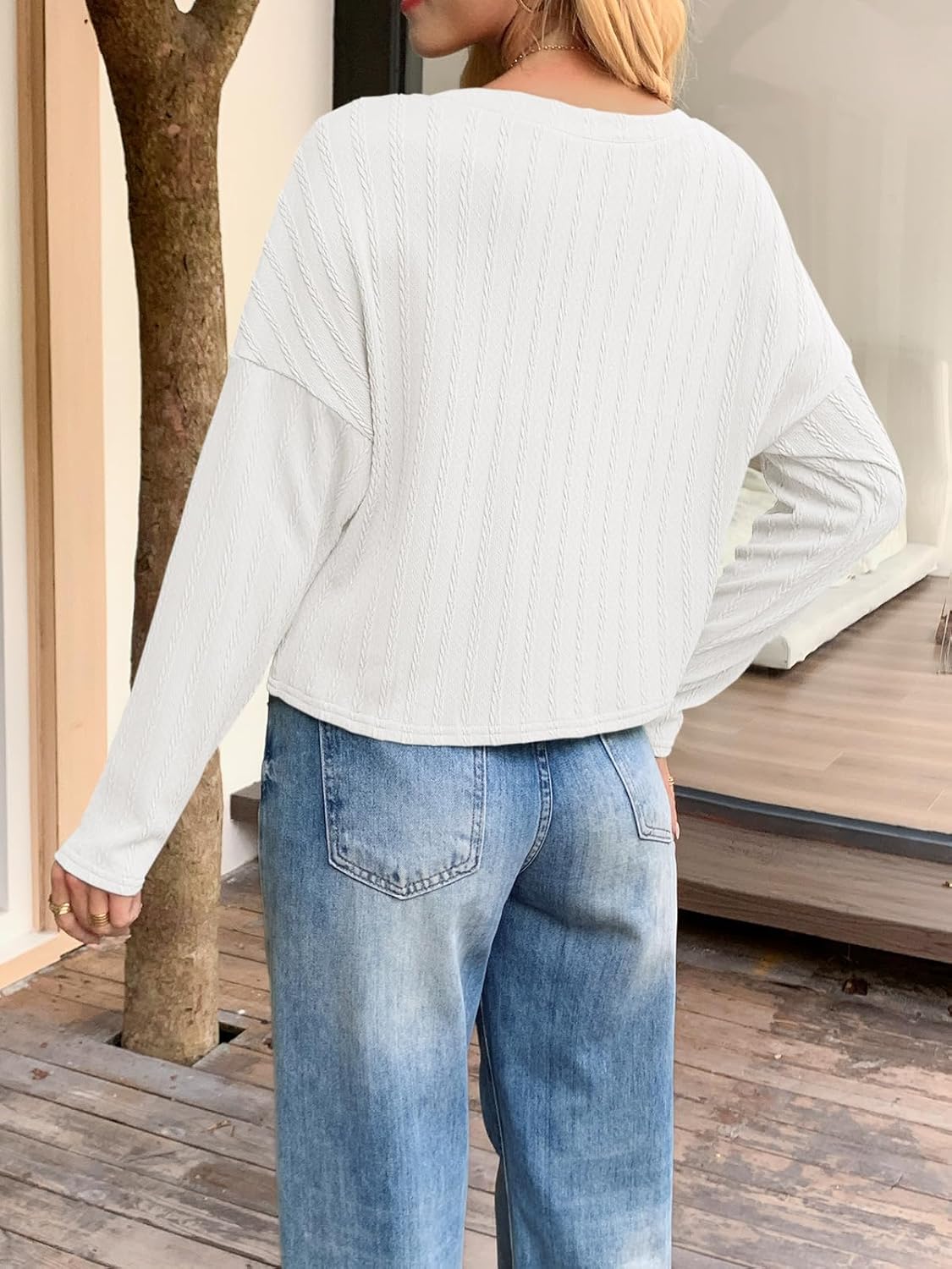 Tankaneo Womens Long Sleeve Crop Tops Textured Loose Fit T-Shirts Crewneck Basic Tees Casual Fall Knitwear - Image 3