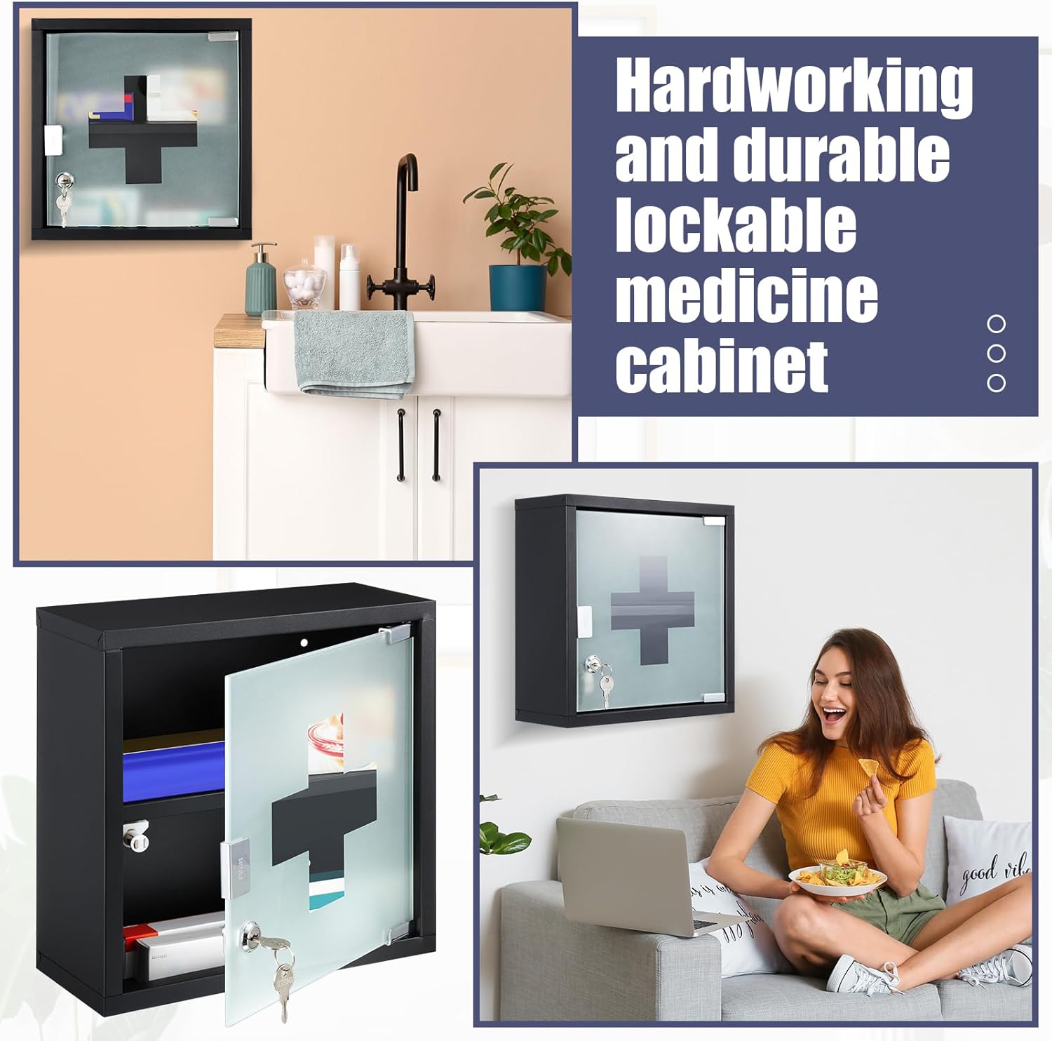 Timgle First Aid Wall Cabinet with Lock Medicine Wall Mounted Bathroom Storage Hanging Medical Cabinet with Safety Glass Door for Bathroom(2 Shelves,Black)