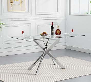 51.18 Inch Silver Glass Rectangular Dining Table for 6, Modern Dining Room Table with 0.31" Thick Tempered Glass and Adjustable Cross Metal Legs, Kitchen Dinner Table for Kitchen
