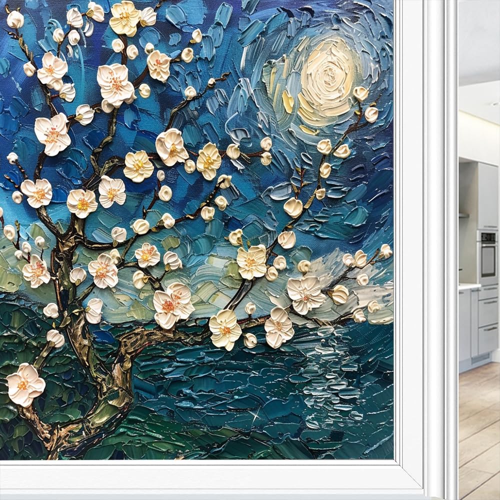 Watercolor Abstract Flower Window Privacy Film, Vintage White Flower Tree Frosted Stained Glass Window Film Decorative Static Cling for Glass for Home 60x90 cm