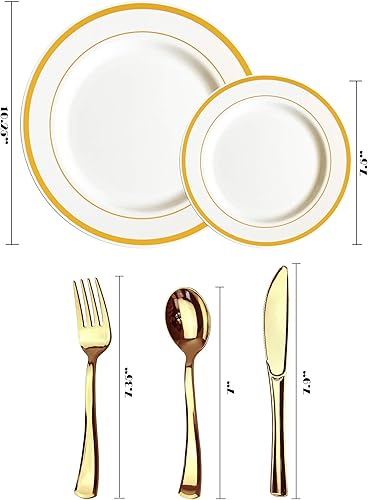Miniatura 7 de 125 piezas oro placas plásticas y cubertería para 25 invitados, platos desechables de plástico resistente con borde de oro y plata para fiesta y