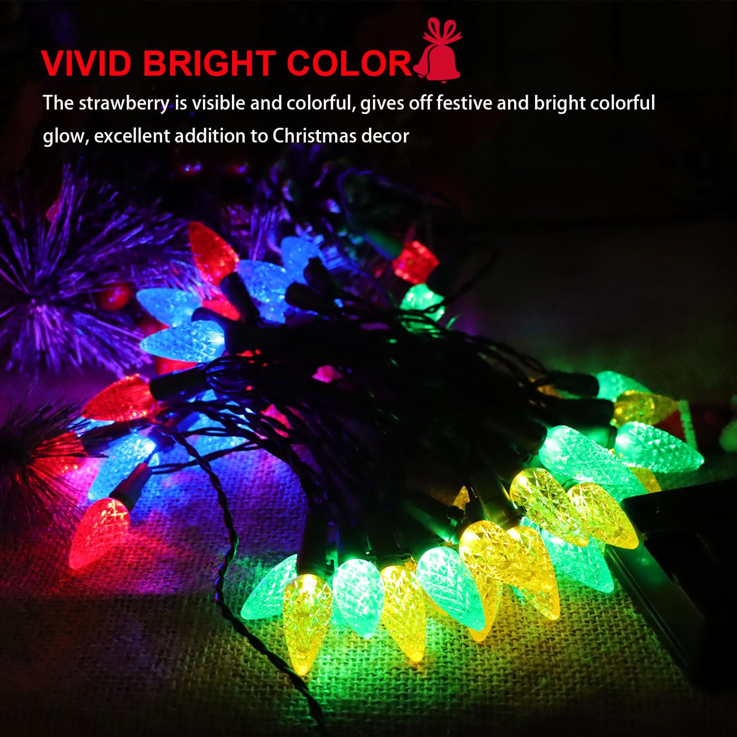 Mehrfarbige C6-Solar-Weihnachtslichter für den Außenbereich, wasserdicht, 50 LEDs, 6 Fuß, C6-LED-Weihnachtslichter, Erdbeere, farbige Weihnachtslichter für den Außenbereich, Weihnachtsdekoration
