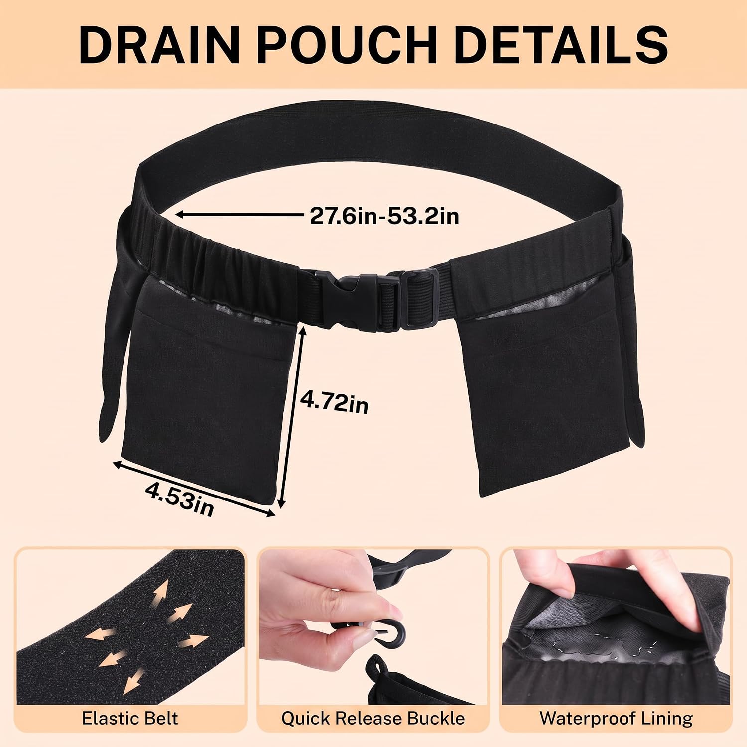 Adjustable Mastectomy Drain Holder Drainage Pouch with Shower Bag, Black | For Breast Reduction Augmentation Tummy Tuck Breast Cancer Recovery, Drain Holder After Tummy Tuck (4-Pocket Belt+Bath Bag)