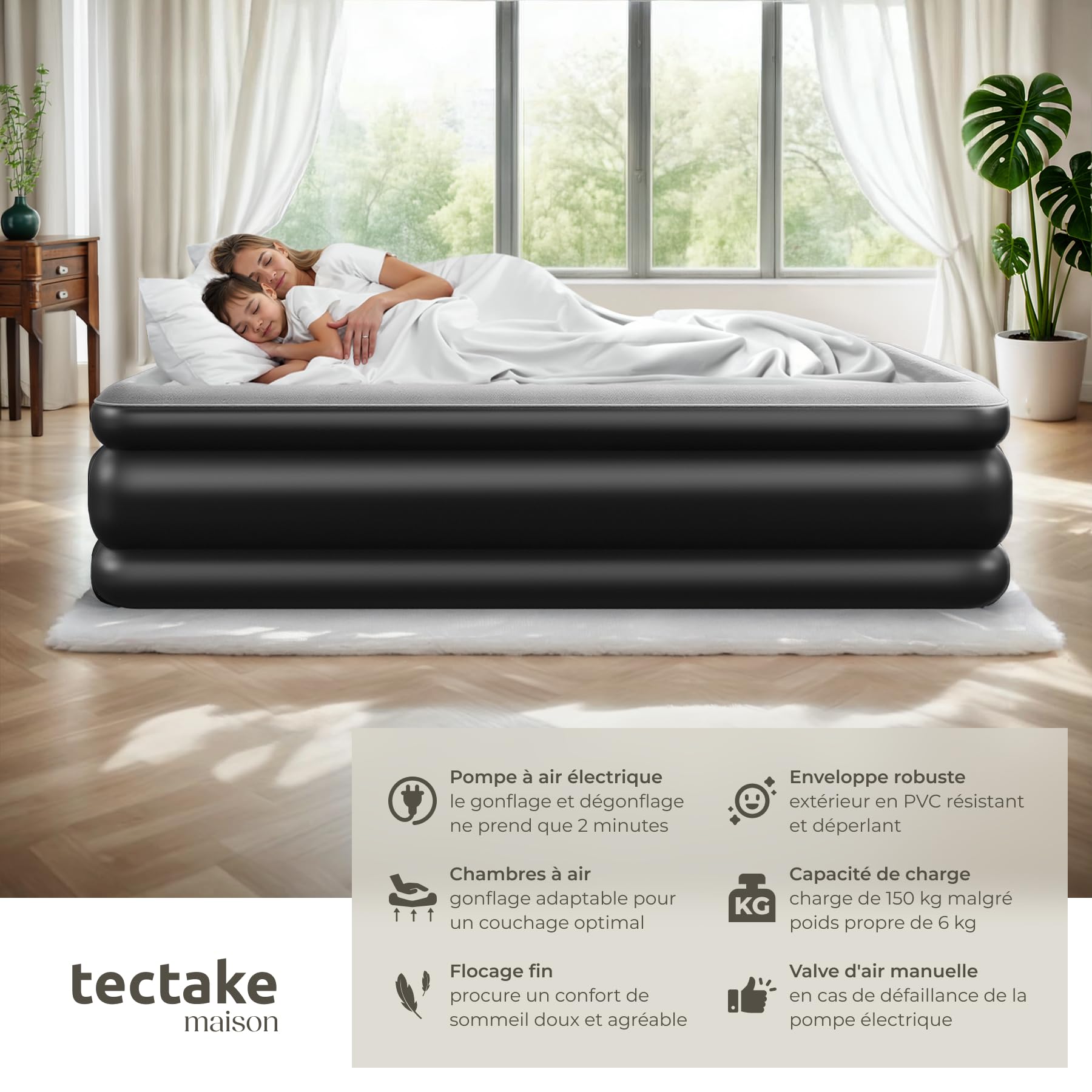 tectake® Matelas Gonflable 2 Personnes Confortable avec Pompe Electrique intégrée, Gonflage & dégonflage Rapide, Lit d'appoint pour Enfant ou Lit Gonflable pour Camping avec Sac de Transport