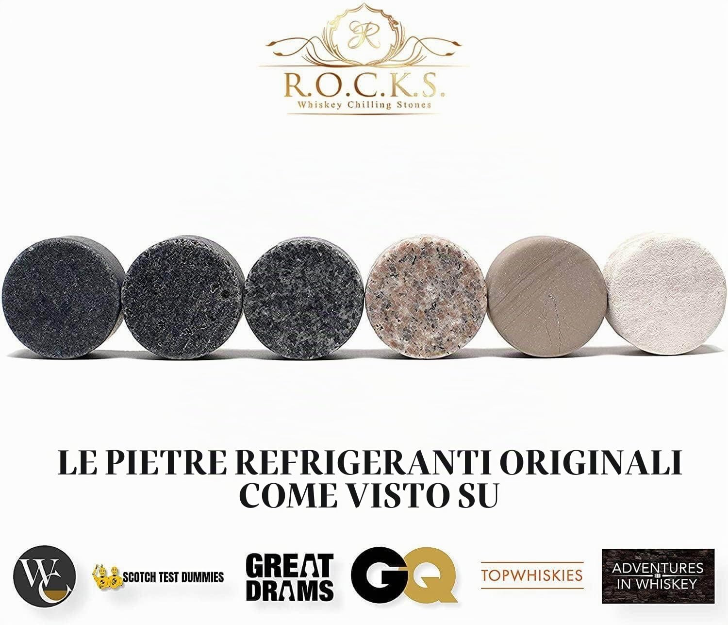 ROCKS Set regalo Decanter Whisky con 4 Bicchieri Whisky e Whisky Stones Artigianali in Granito - Decanter in Vetro per Degustazione Liquori, Scotch, Bourbon – Set Whisky con Lamina d’Oro