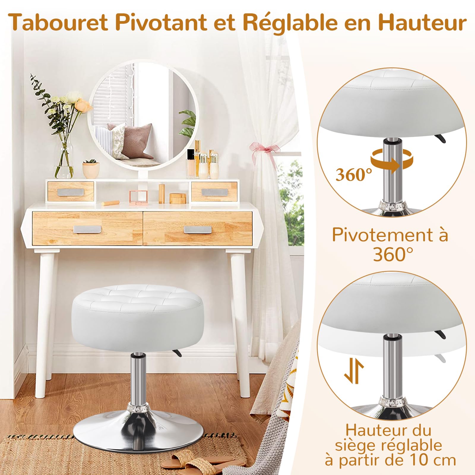 Tabouret de Coiffeuse, Tabouret de Maquillage, Tabouret Pivotant Réglable en Hauteur, Tabouret de Bar Rond Rembourré en Similicuir pour Chambre à Coucher Salon Salle à Manger, Blanc