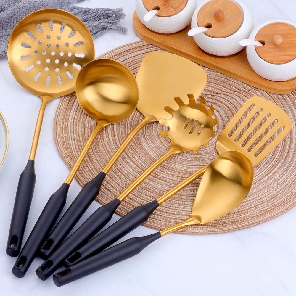 Buyer Star Ustensiles de Cuisine 6 pièces Acier Inoxydable Écumoire Louche Spatule de Cuisine Tourneur à Fente Riz Pasta Server avec Support