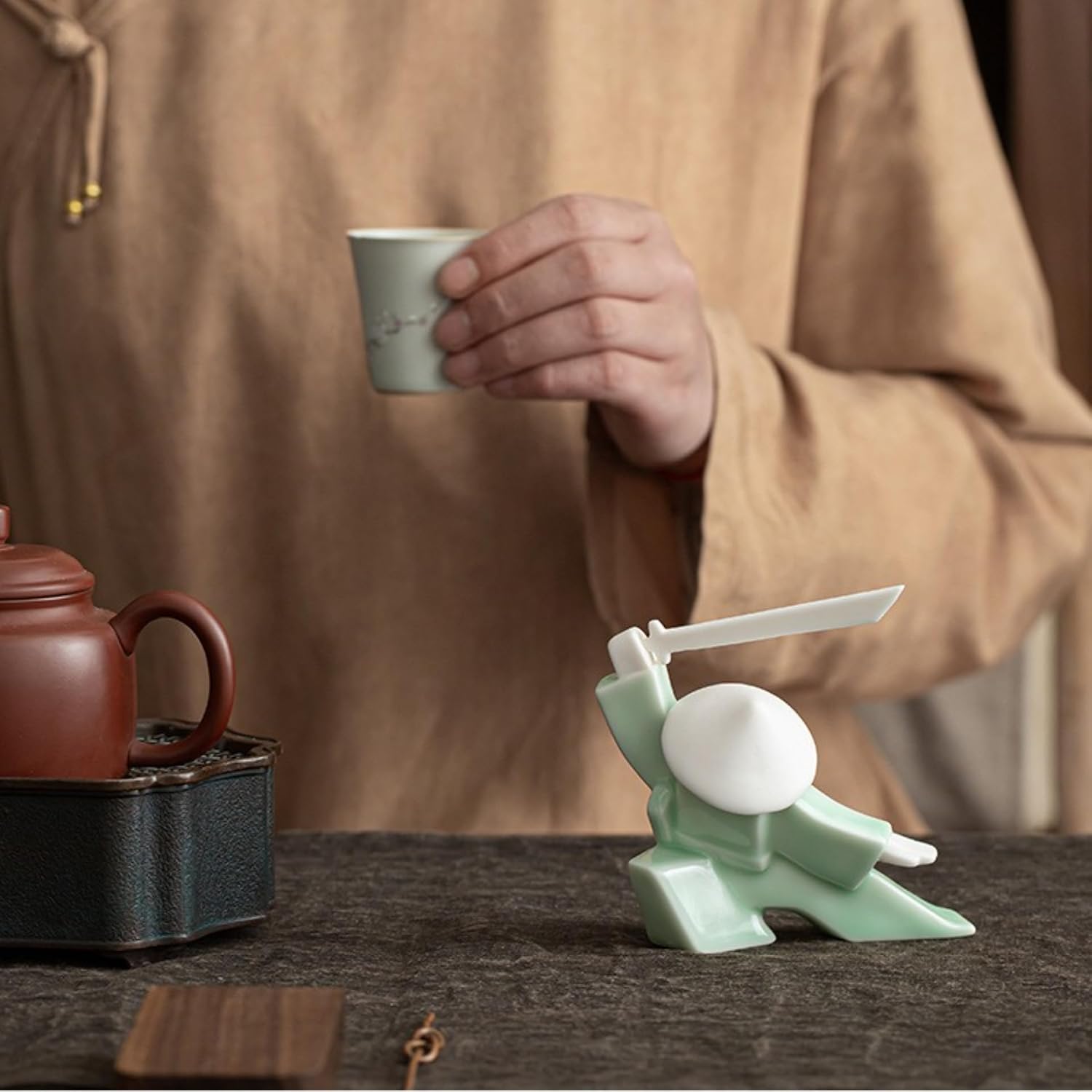 Fay Bless Tea Pet Warrior Statue Figurine – Ceramic Tea Ornament & Incense Holder, Handmade Kung Fu Tea Accessories, Cute Decoration for Tearoom, Home, Office & Gift for Tea Lovers (CDWS-WH)