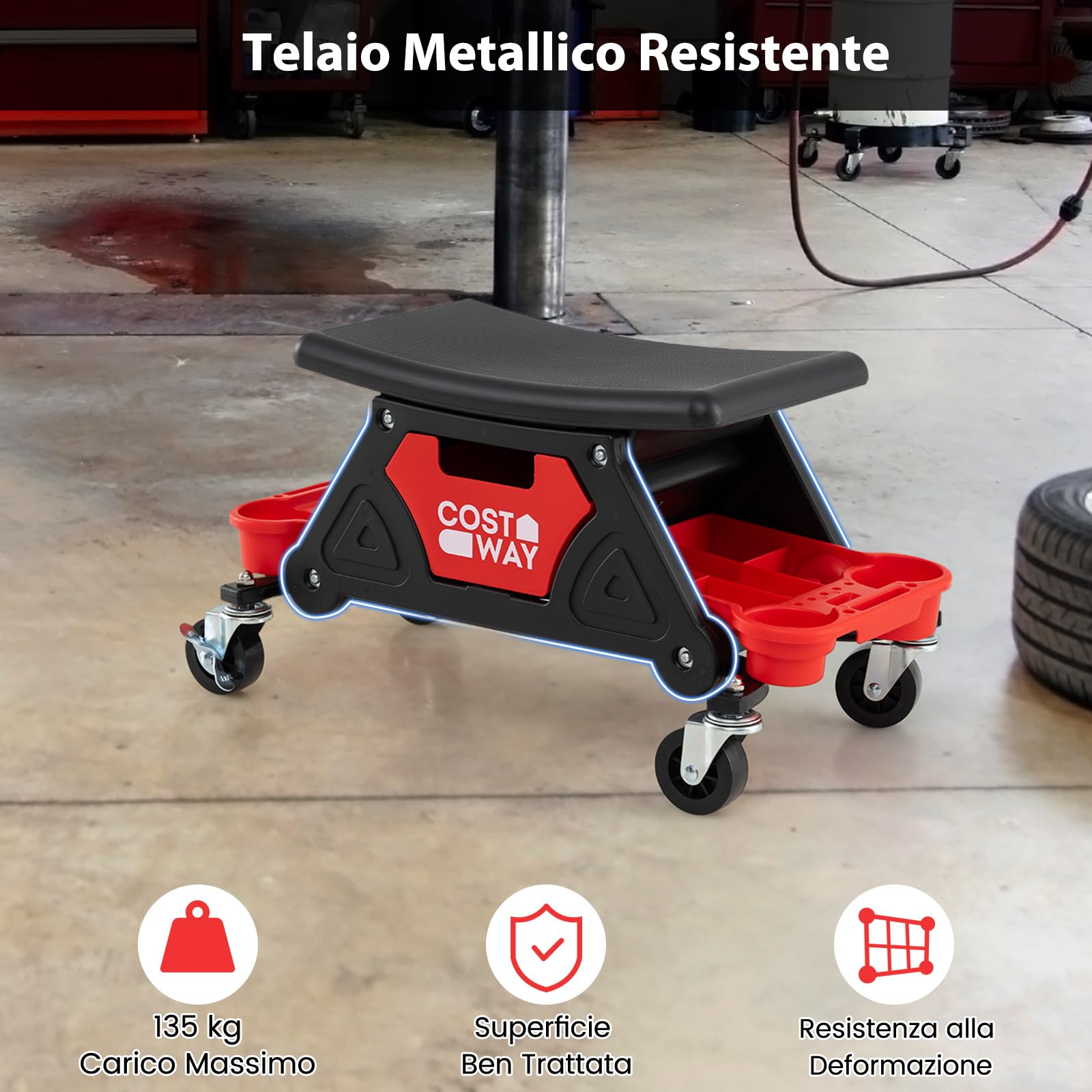 COSTWAY Sgabello da Officina con Ruote, Sedia Meccanico con Cassetto Estraibile e 2 Vassoi Divisori, Capacità di 135 kg, per Riparazione Auto, per Garage e Officina