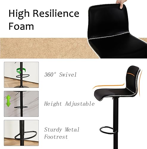 Miniatura 4 de HeuGah Juego de 3 taburetes de bar giratorios con respaldo, taburetes de bar ajustables de 24 a 32 pulgadas, taburetes de bar de piel sintética