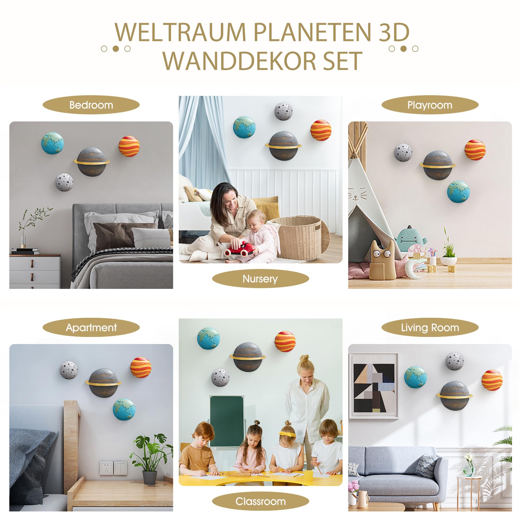 FJSPERM 4Pcs Weltraum Planeten Wanddeko Kinderzimmer Deko, Moderne 3D Weltraum Thema Wanddeko Planeten Sonnensystem Kinder Dekorationen für Wohnzimmer, Schlafzimmer