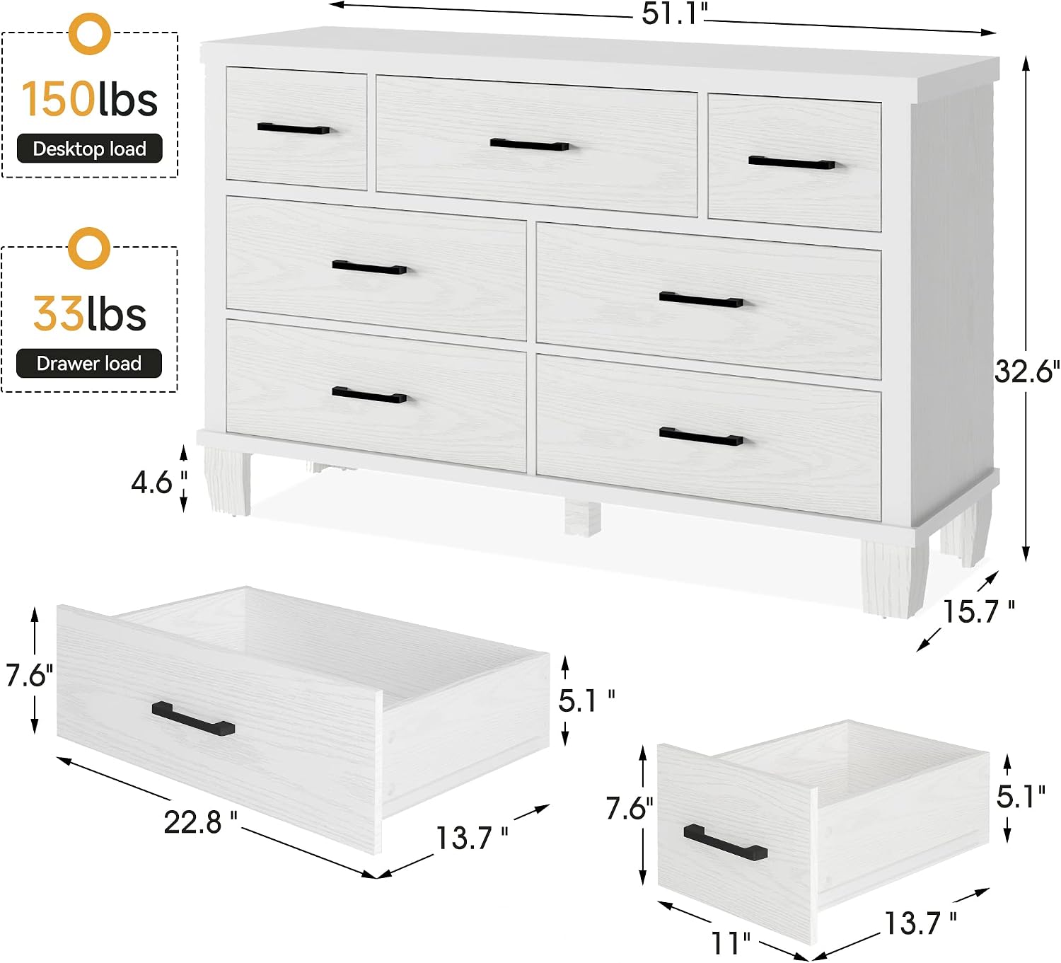 GAOMON Dresser for Bedroom, Vintage Farmhouse Dresser with 7 Wide Drawers and Metal Handles, Wood Dressers & Chests of Drawers Wood Storage Organizer for Living Room, Hallway, Nursery Room, TV Stand