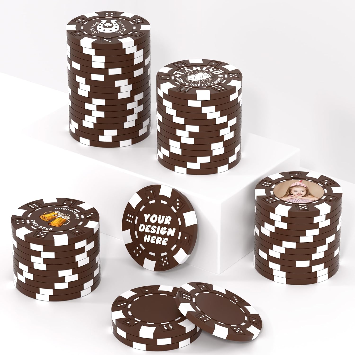 50 Custom Clay Poker Chips for 13 Colors, 40mm Heavy 11.5g Casino Sized Customized Poker Chips with Logo, Image or Text, Custom Drink Tokens for Bar, Party, Golf Club or Events