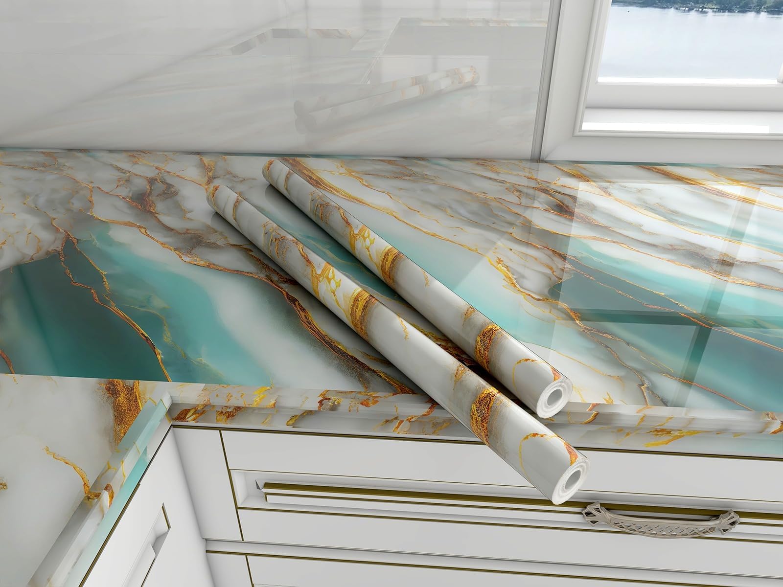 - Vinyl Peel and Stick Waterproof Wallpaper for Old Furniture Self Adhesive and Removable Surfaces for Home Cabinet Oil Proof Kitchen Countertop Stickers (1, Ocean Sky Gold(60x200cm))