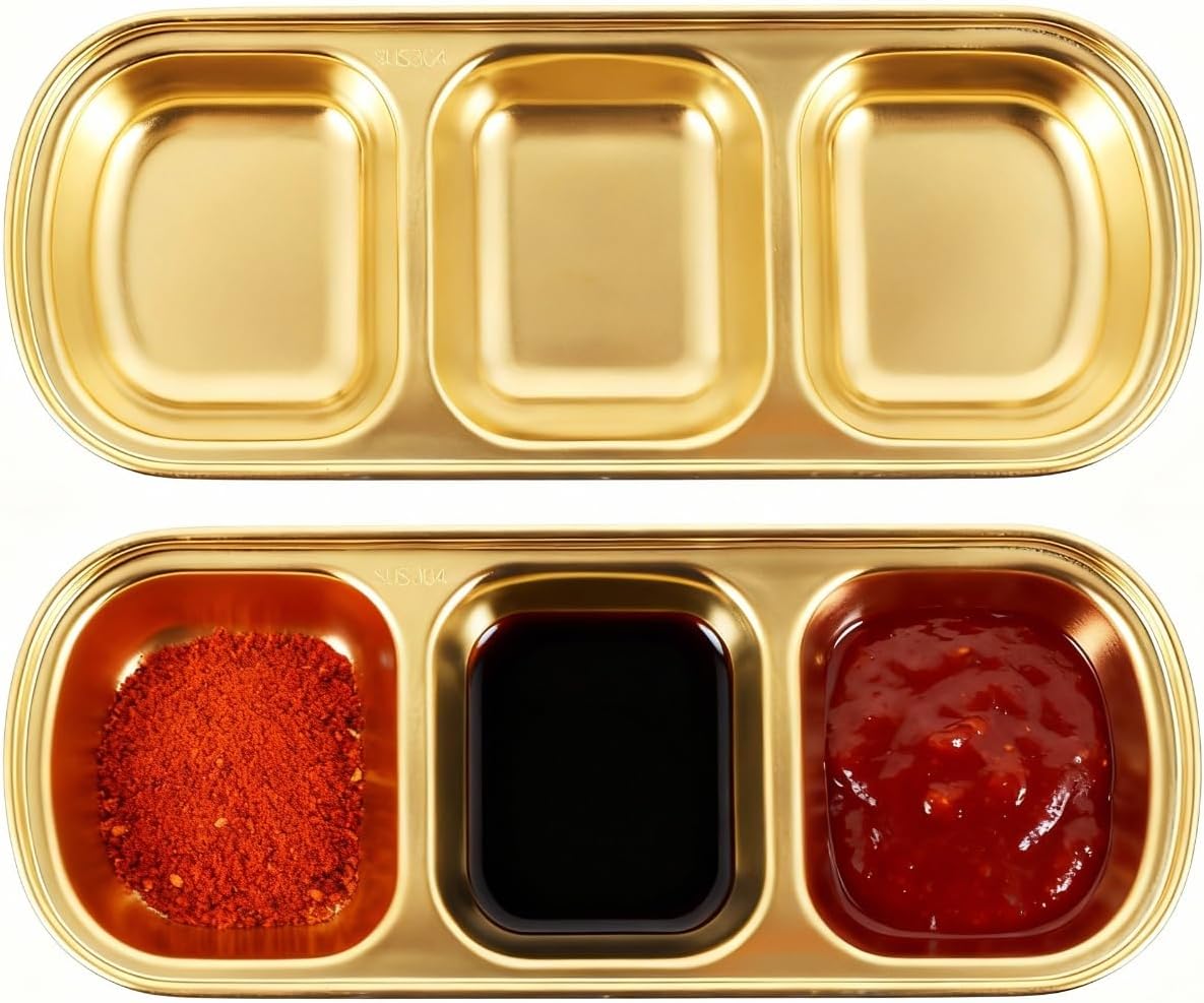 DOITOOL 2Pcs Stainless Steel Dipping Bowls, 3 Grids Divided Seasoning Sauce Dip Bowl Appetizer Serving Tray, Divided Sauce Dishes Side Dishes Vinegar Soy Spice Condiment Tray for Home Restaurant