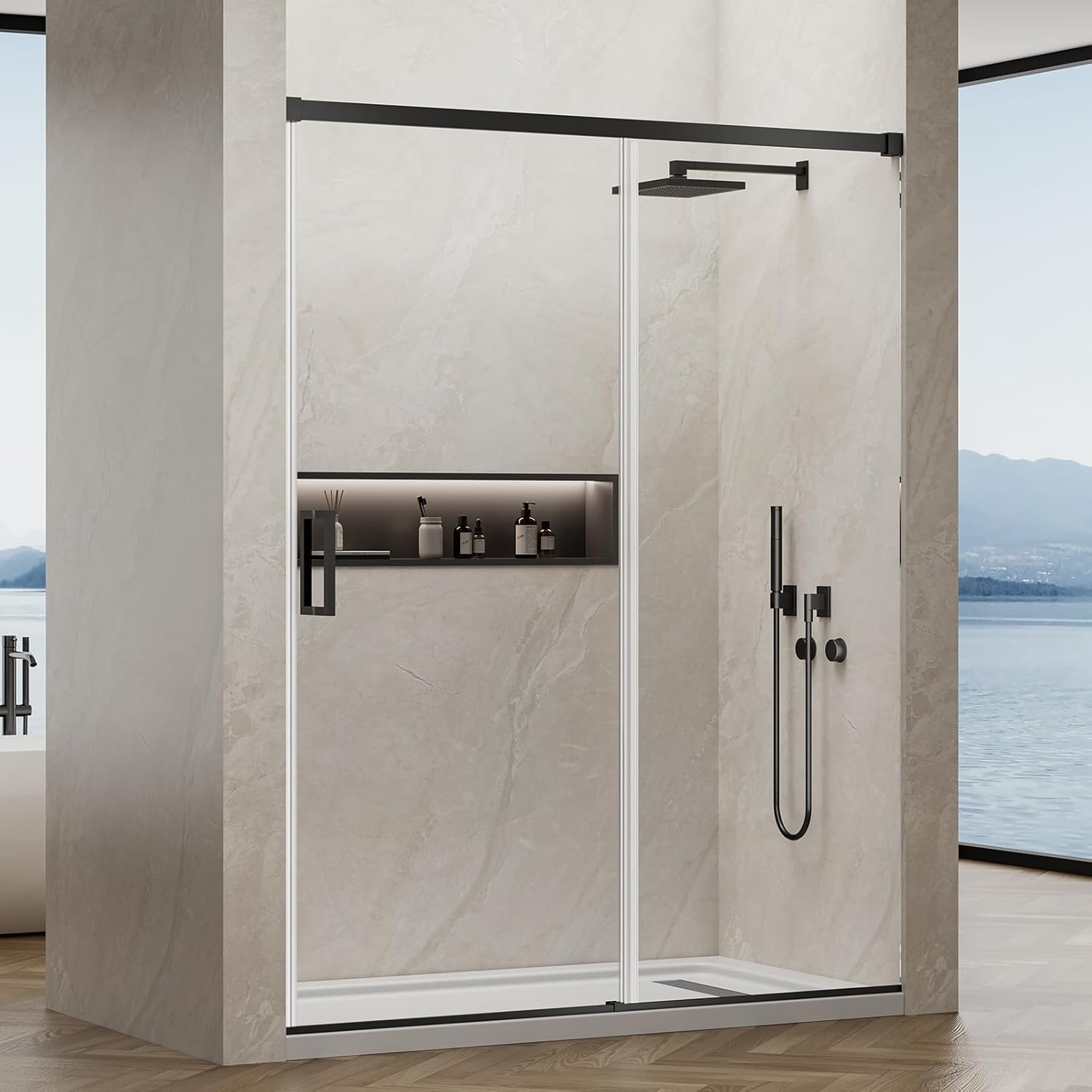 Frameless Shower Door 56-60" W × 76" H Sliding Glass Shower Door, 5/16" (8mm) Thick Tempered Glass with Nano Coating, 304 Stainless Steel Hardware, for Walk-in Shower - Matte Black