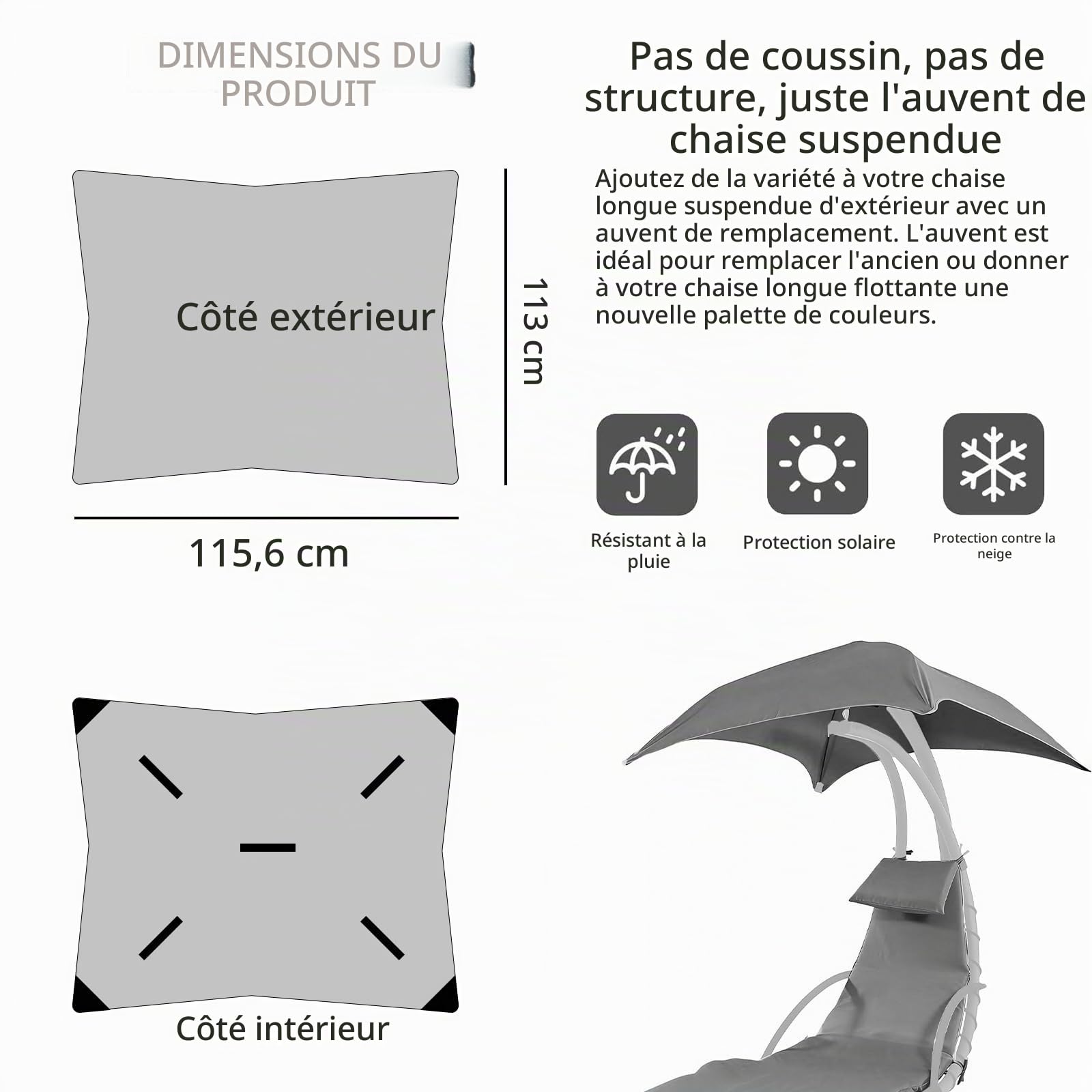 Hamac de rechange imperméable en tissu polyester de qualité supérieure - Parasol de rechange pour chaise longue suspendue - Protection UV