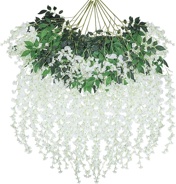 Tifuly 12 Pcs Artificial Wisteria Vines, 3.6 FT Fake Wisterias with 3 Branches, Long Wall Garland Silk Hanging Flower for Home Party Wedding Ceiling Decoration(12Pcs,Off-White)