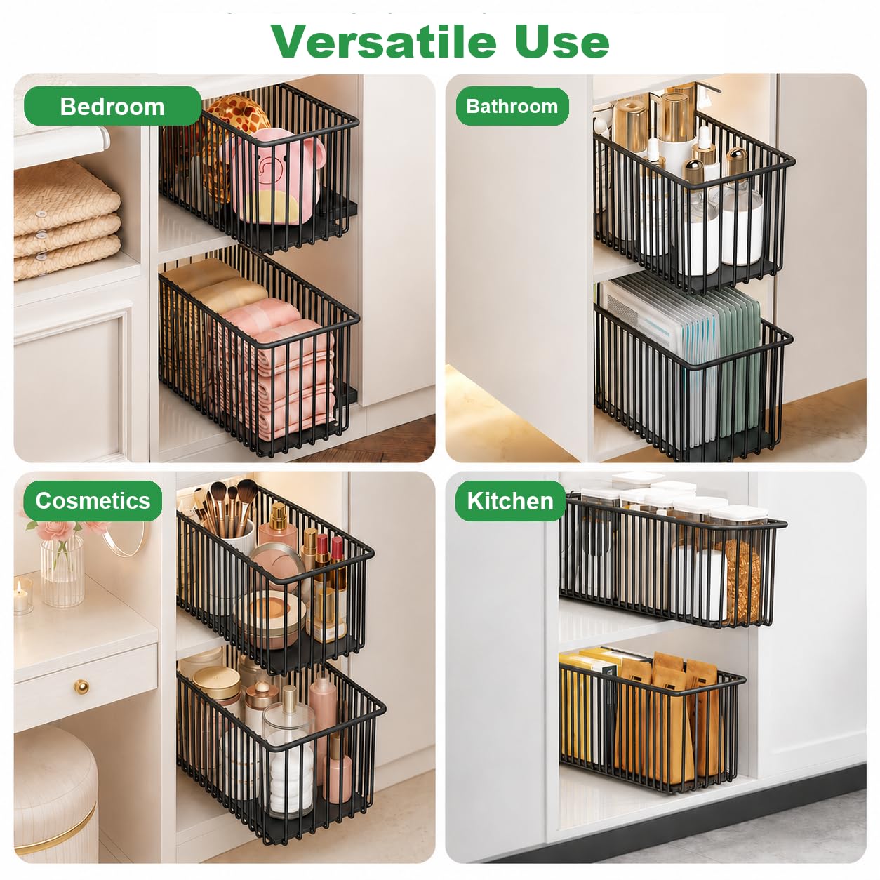 Lot de 2 Tiroir Coulissant Cuisine Adhesif Étroit 15,3cm, Organisateur Tiroir Sans Perçage, Rangement Placard Coulissant, Panier pour Armoire sans Cadre, Noir, Profondeur 41cm
