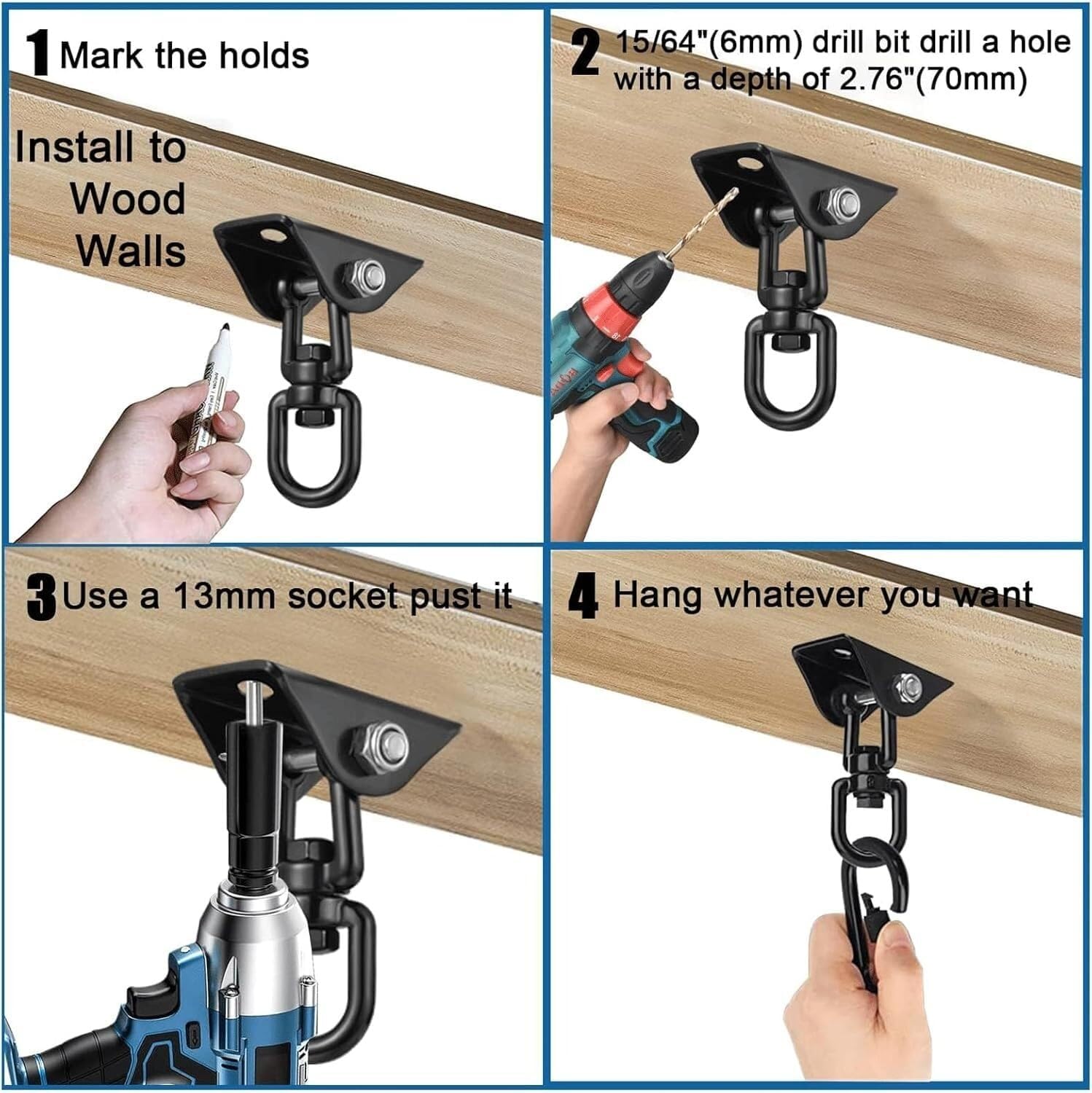 Hammock Hooks，Swing Hooks Heavy Duty， Heavy Duty Hanging Chair Hardware Hammock Hanging Kit 360° Rotate Hanging Swing Hooks for Porch Patio