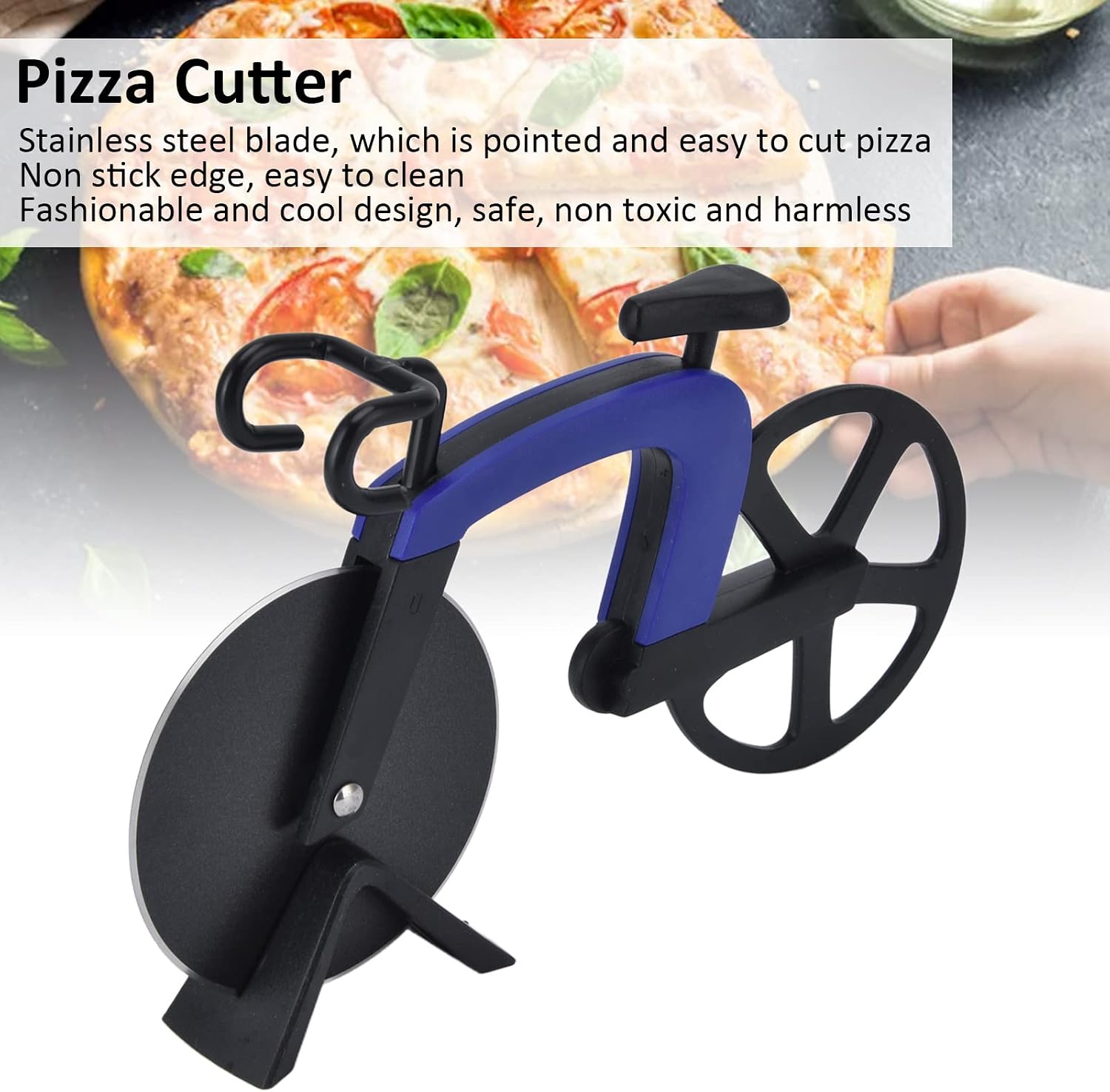 Stainless Steel Non Stick Cutting Wheels with a Stand for Pizza Lovers, Bikes Pizza Cutter Wheel, Holiday Vacation Housewarming Kitchen Gadget Cool Men's Gift(Blue), Bikes Pizza Cutter Wheel, St image 3