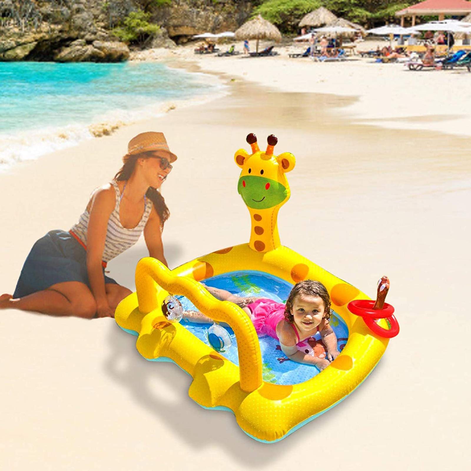 Piscina Inflable Para Bebés Con Toldo De Jirafa – Fondo De Burbuja Doble, Aspersor Y Válvula Anti-fugas