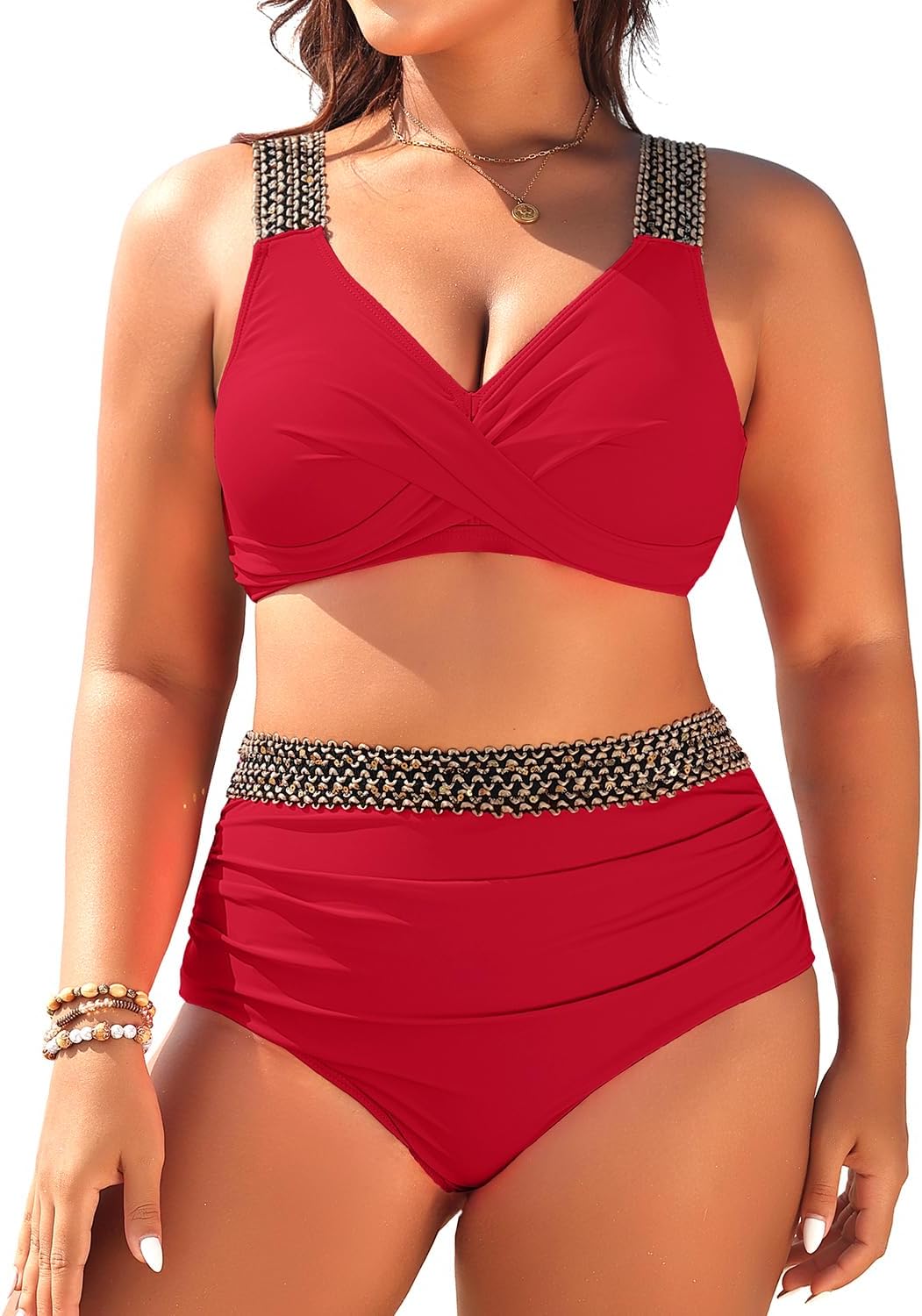Tempt Me Women Plus Size High Waisted Bikini Set Two Piece Tummy Control Swimsuit 18 Plus Red
