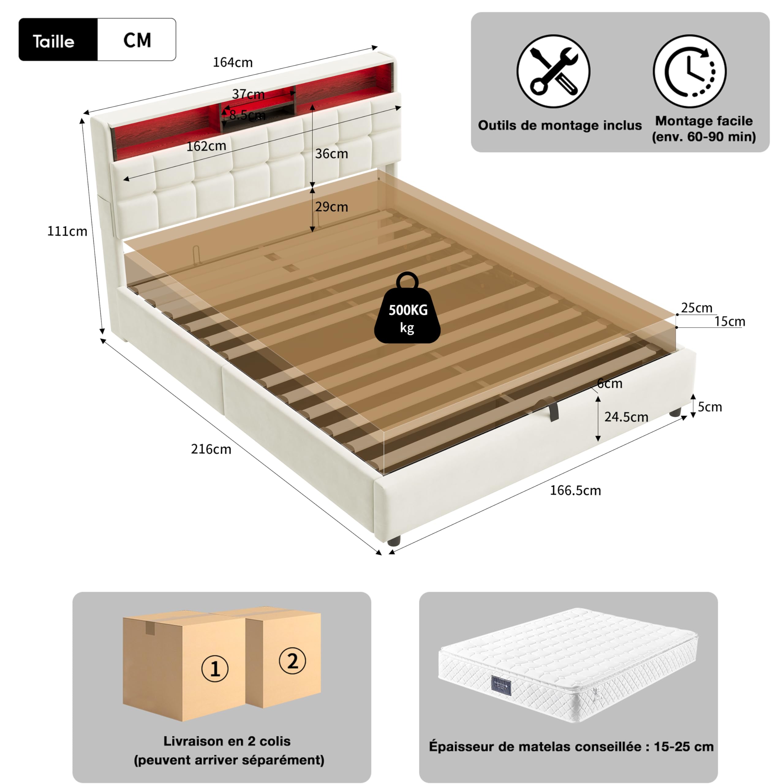 Letto Contenitore Matrimoniale 160x200 cm con LED e USB, Struttura Letto King Size con Alzata a Gas Idraulica, Letto Imbottito, Beige