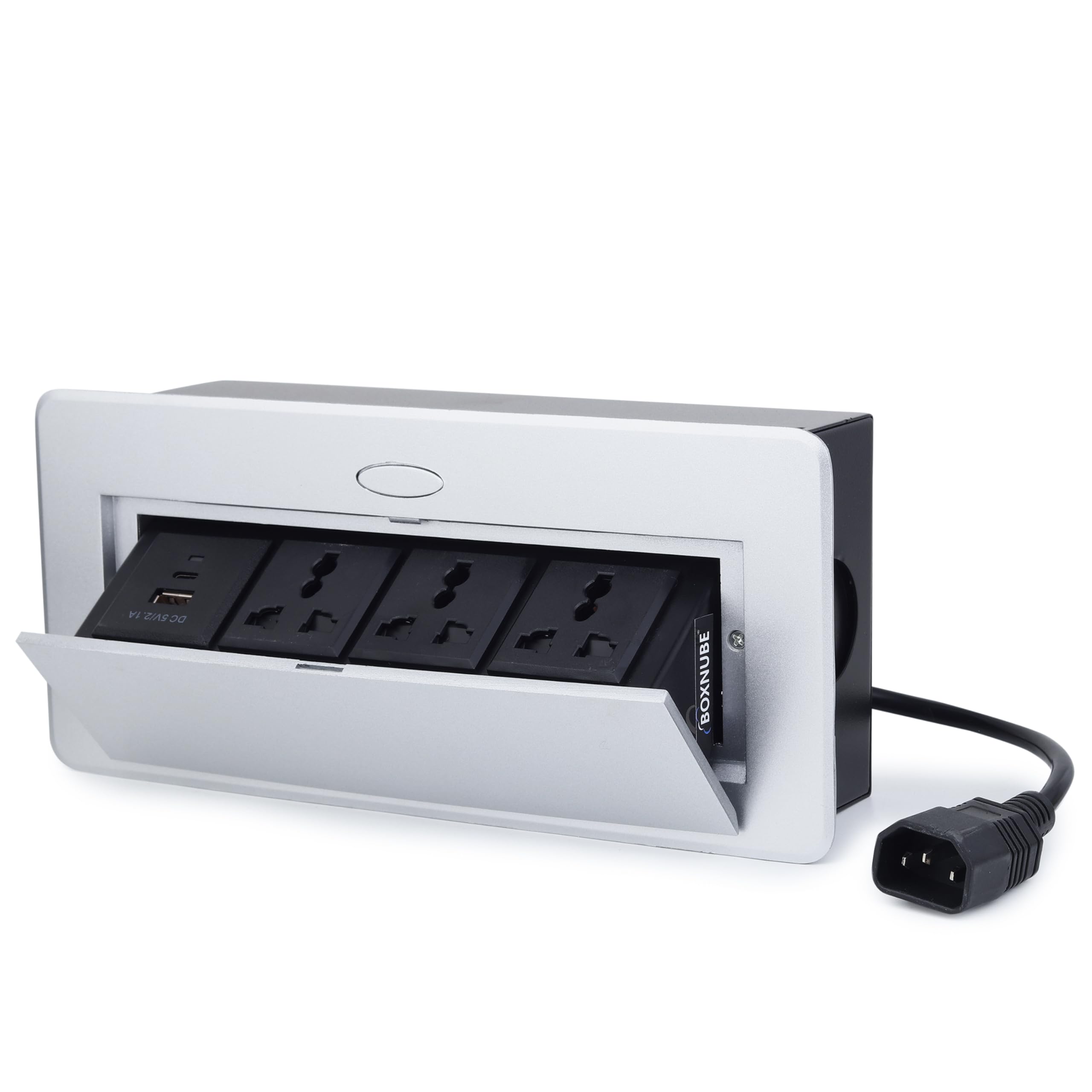 BOXNUBE Hydraulic Pop UP Box Cable Cubby Extension Board with 3 x Universal Power Sockets & 1 x USB Type C & 1 x USB A Ports (Silver) 2